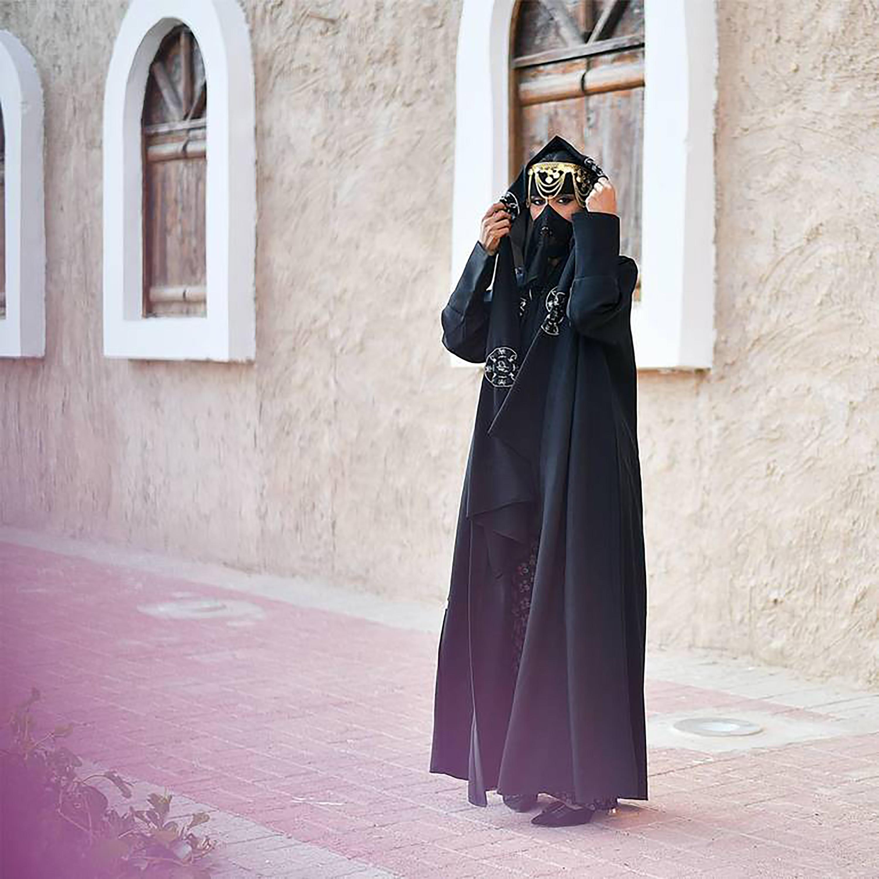 Hawraa Black Crepe Embroidered Abaya with Hijab-women-arabicclothing-abayas-image-3