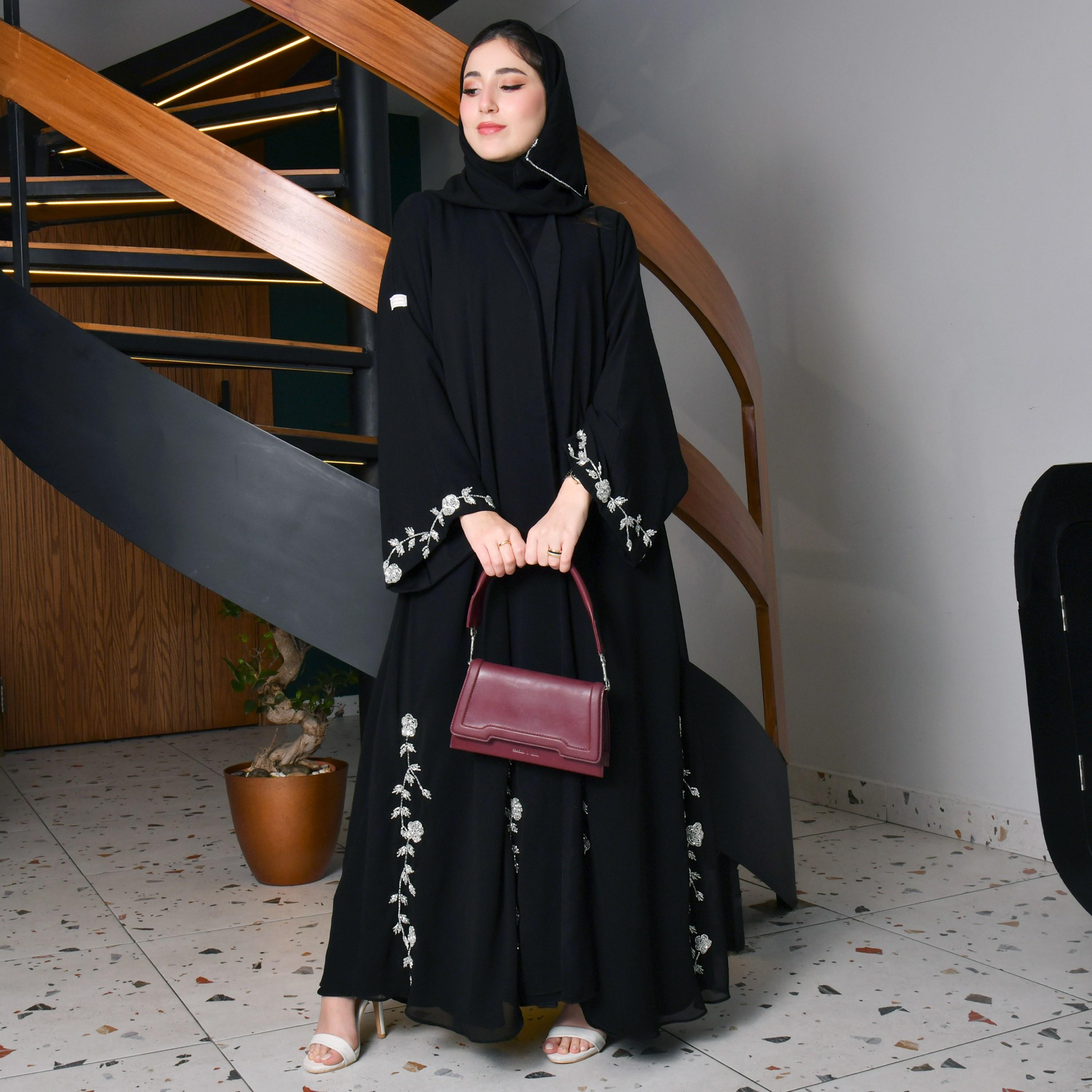 Hawraa Beaded Flared Sleeves Black Cloche Abaya with Hijab-women-arabicclothing-abayas-image-1