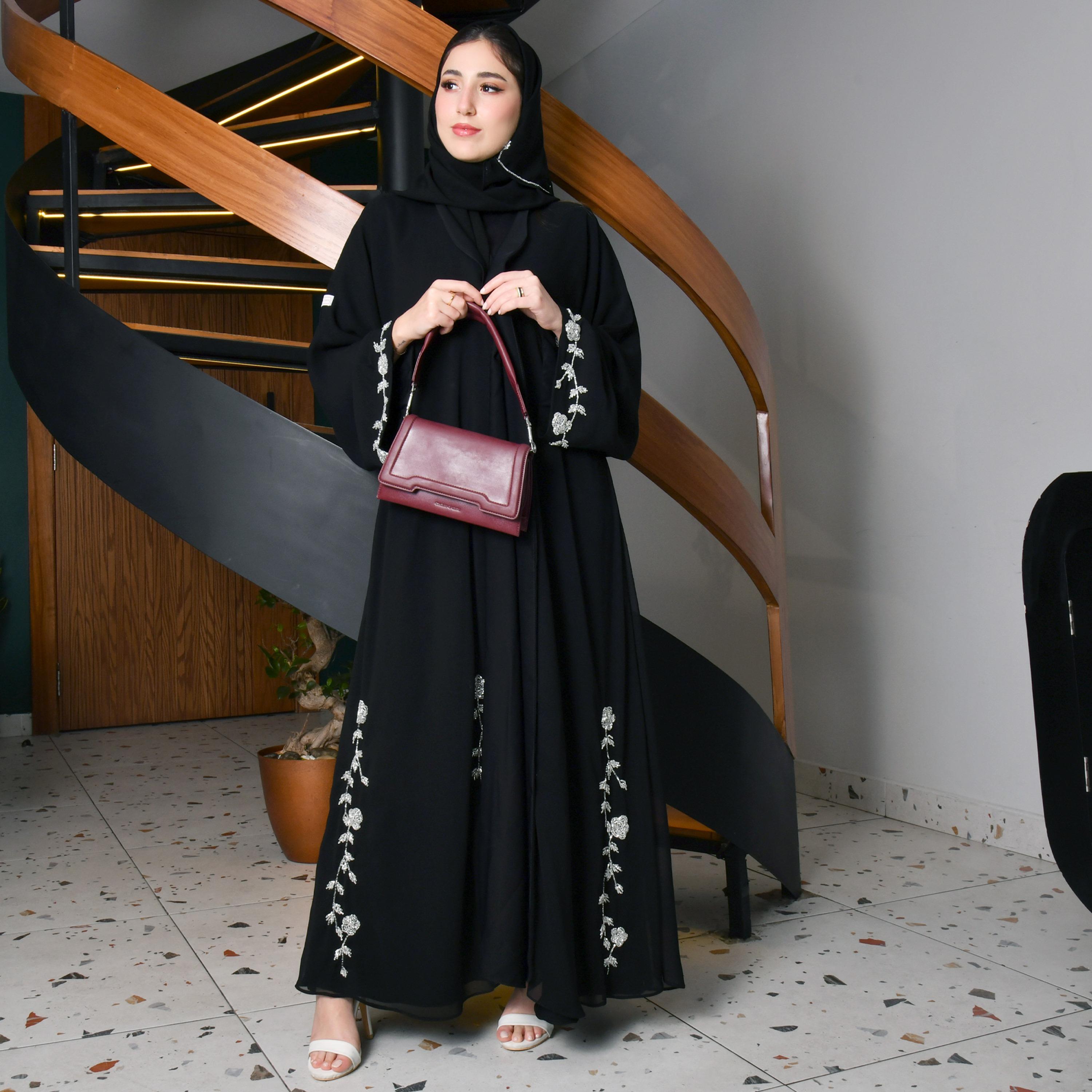 Hawraa Beaded Flared Sleeves Black Cloche Abaya with Hijab-women-arabicclothing-abayas-image-4