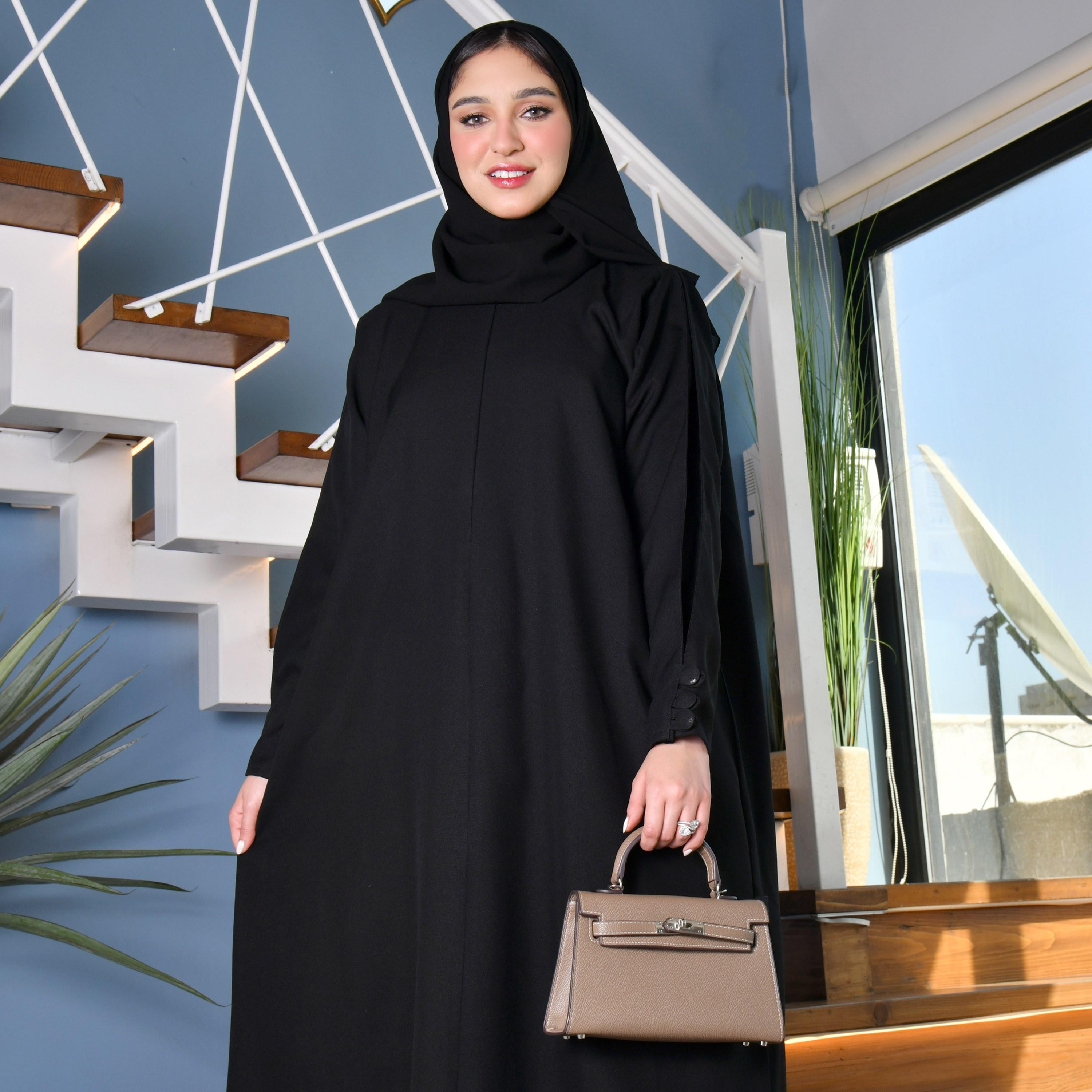 Hawraa Plain Buttoned Sleeves Zippered Black Abaya with Hijab-women-arabicclothing-abayas-image-2