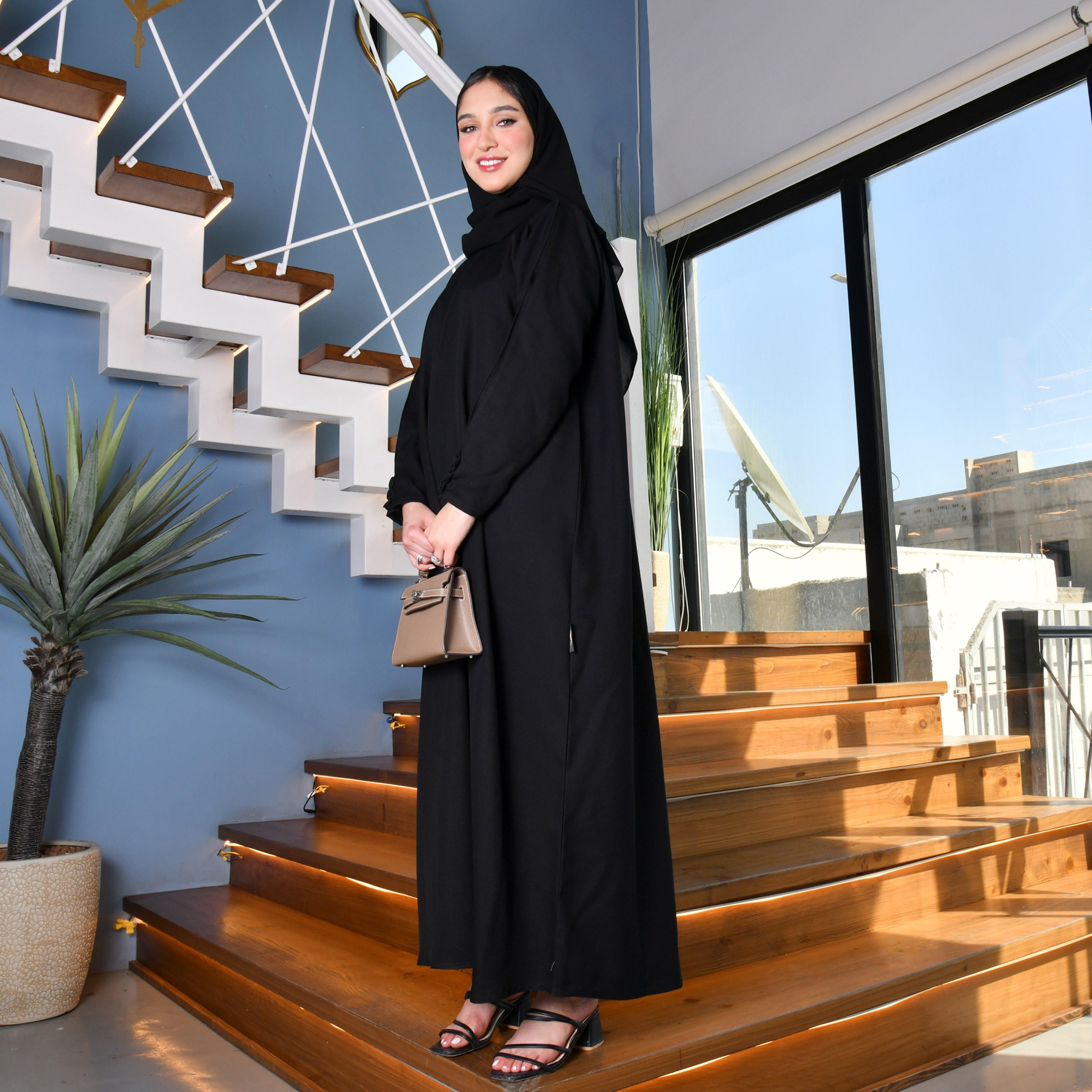 Hawraa Plain Buttoned Sleeves Zippered Black Abaya with Hijab-women-arabicclothing-abayas-image-4