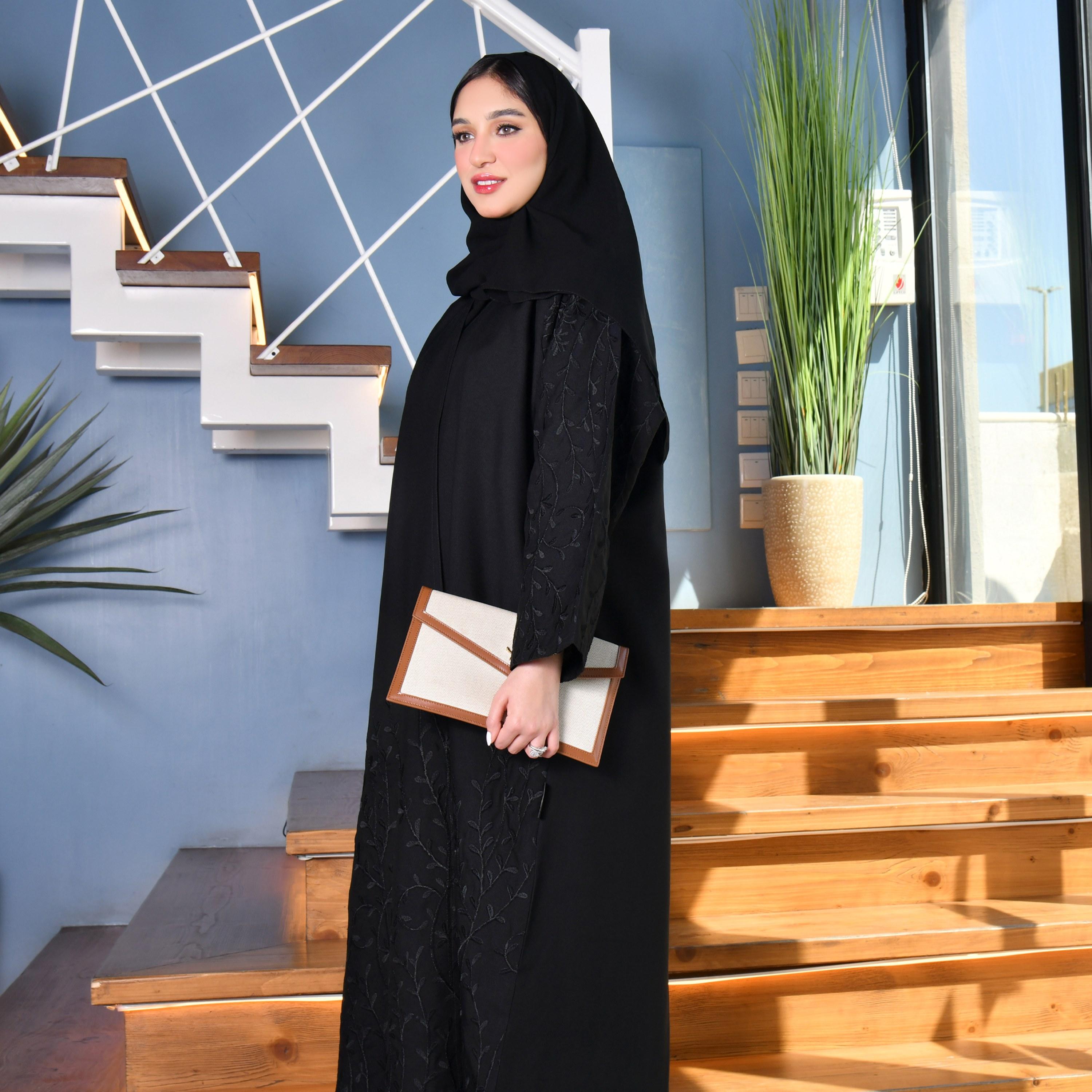 Hawraa Tree Embroidered Black Open Abaya with Hijab-women-arabicclothing-abayas-image-5