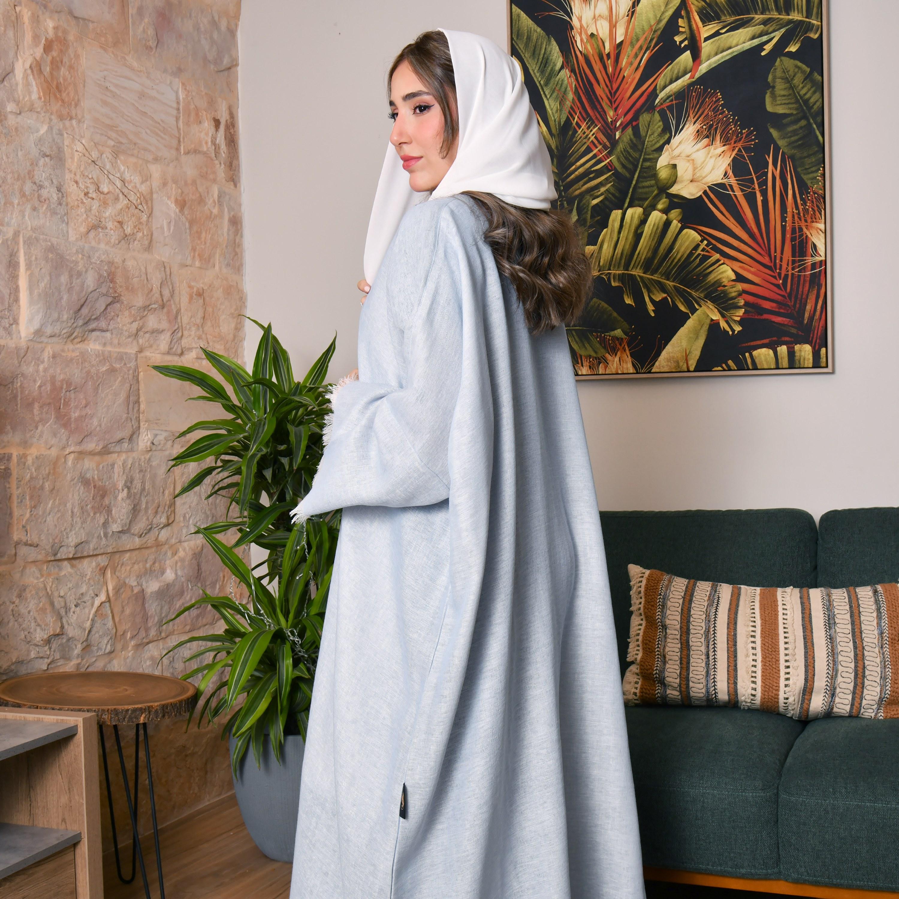 Hawraa Blue Linen Wrap Abaya with Hijab-women-arabicclothing-abayas-image-4