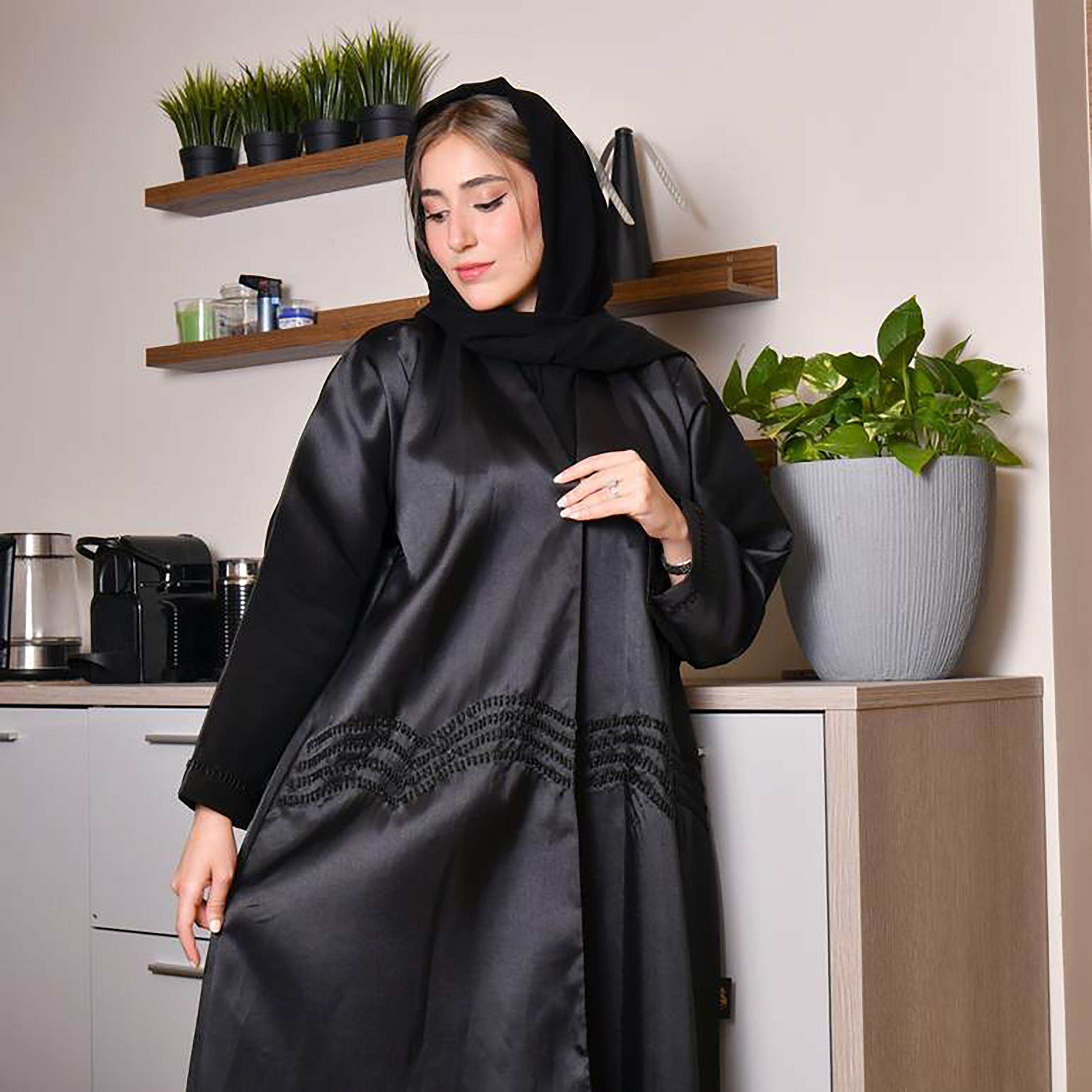 Hawraa Black Crepe Embroidered Wrap Abaya with Hijab-women-arabicclothing-abayas-image-2