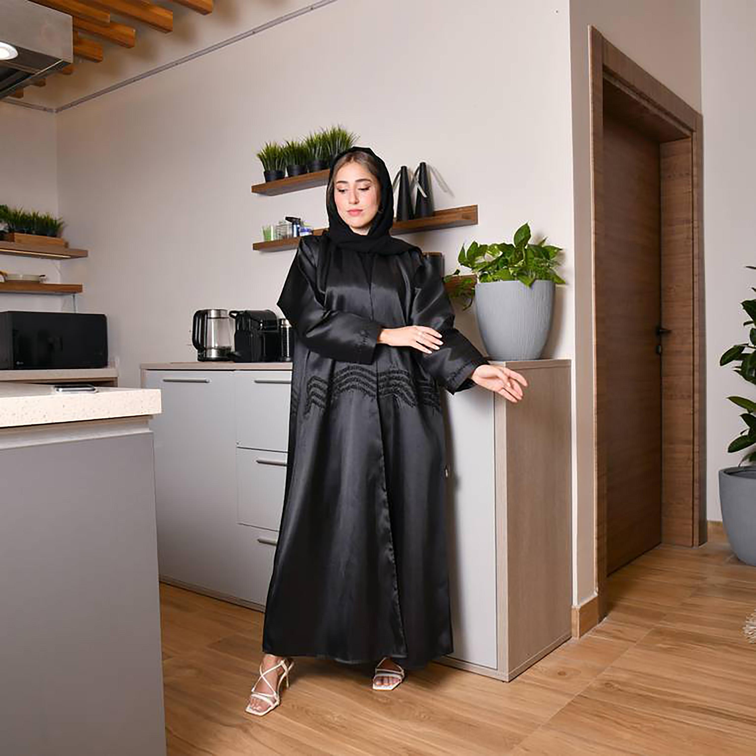 Hawraa Black Crepe Embroidered Wrap Abaya with Hijab-women-arabicclothing-abayas-image-3