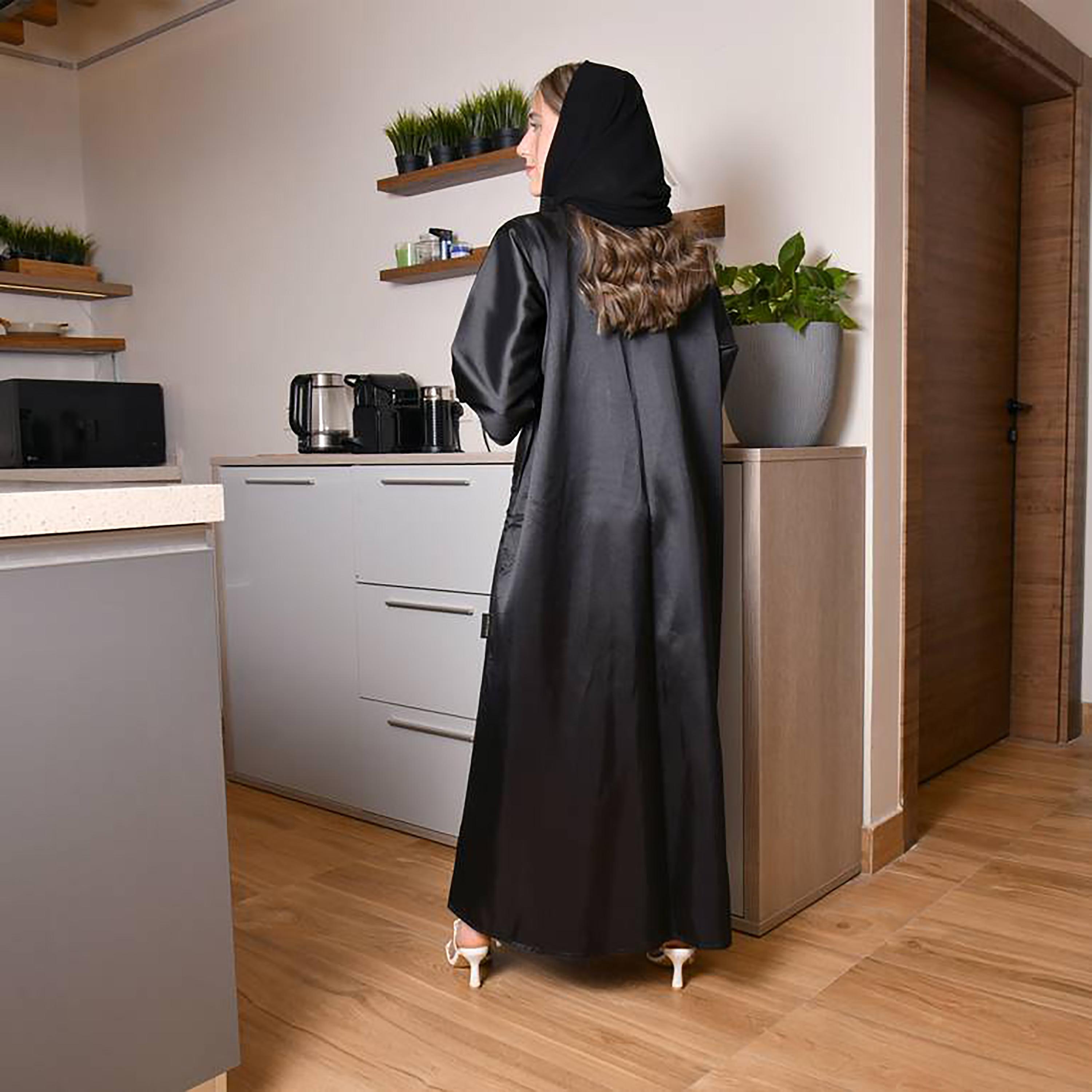 Hawraa Black Crepe Embroidered Wrap Abaya with Hijab-women-arabicclothing-abayas-image-4
