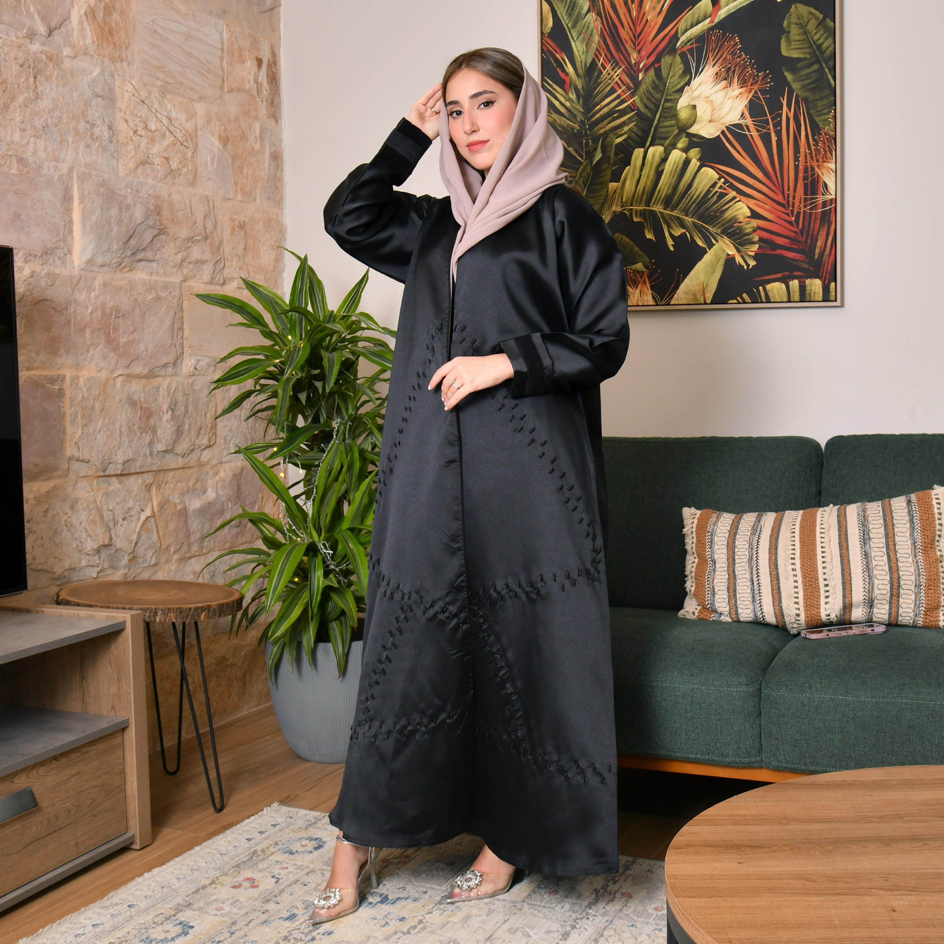 Hawraa Black Satin Beads Wrap Abaya with Hijab-women-arabicclothing-abayas-image-1