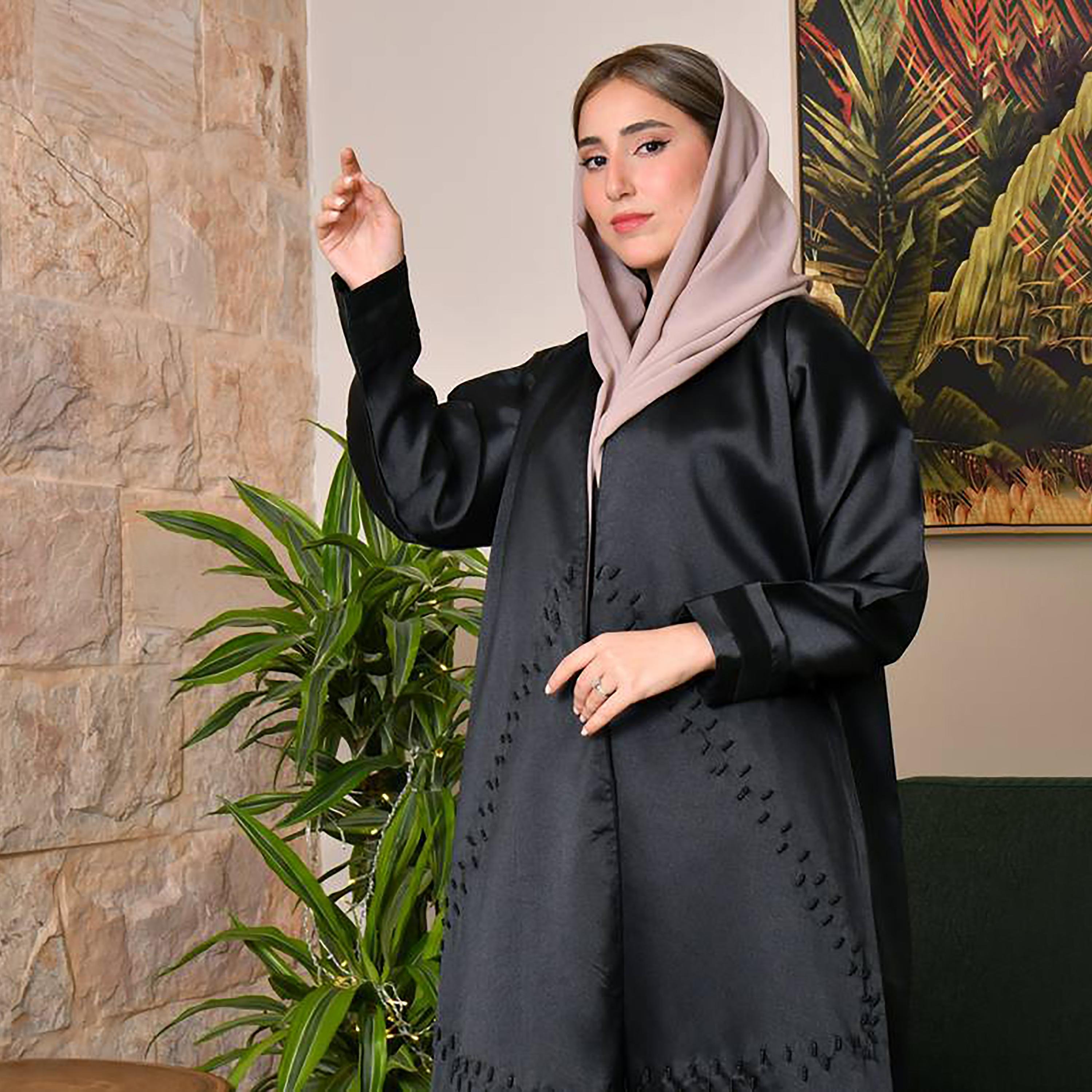 Hawraa Black Satin Beads Wrap Abaya with Hijab-women-arabicclothing-abayas-image-2