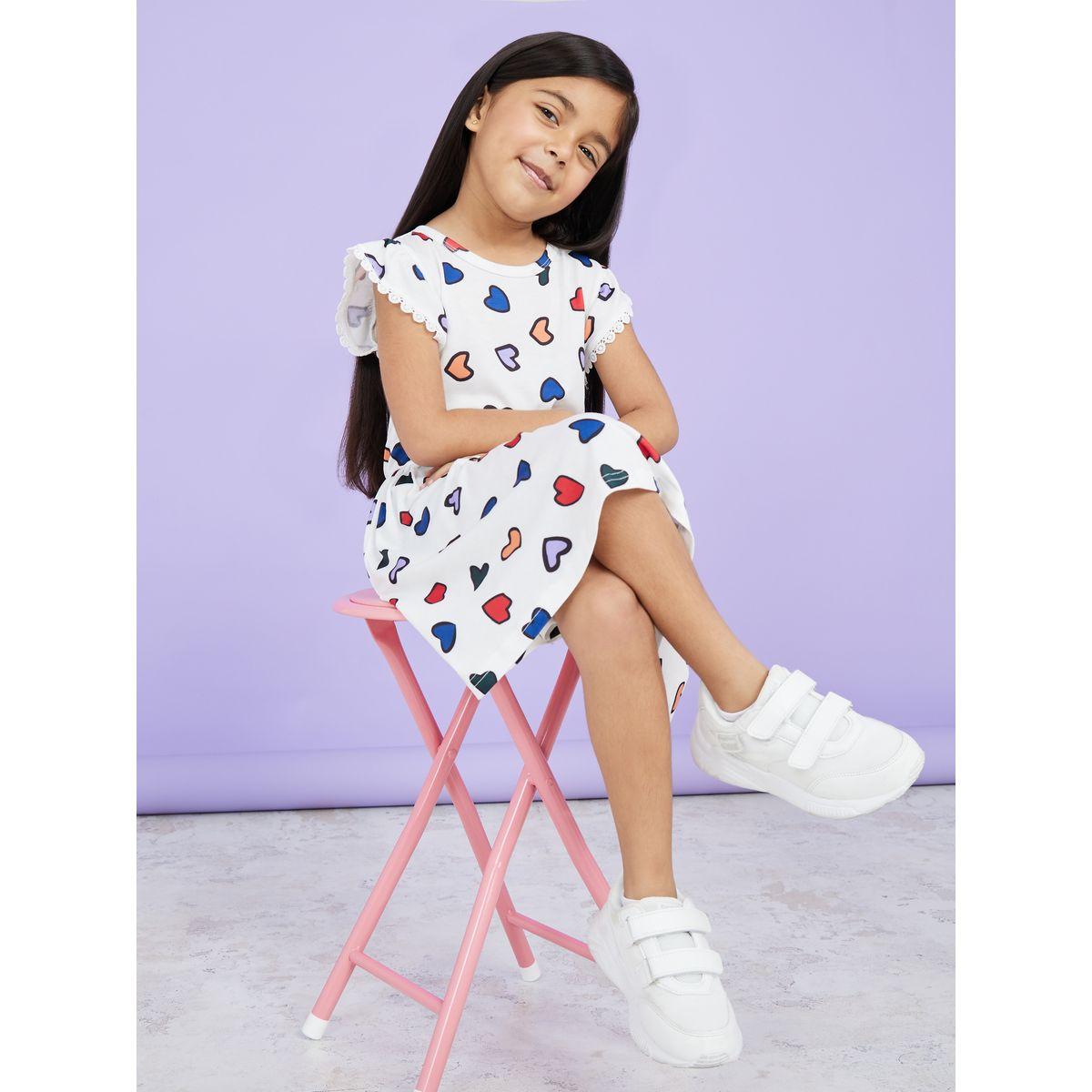 Styli Lace Trim Short Sleeves Heart All Over Print Dress-girls-clothing-dressesandjumpsuits-image-1