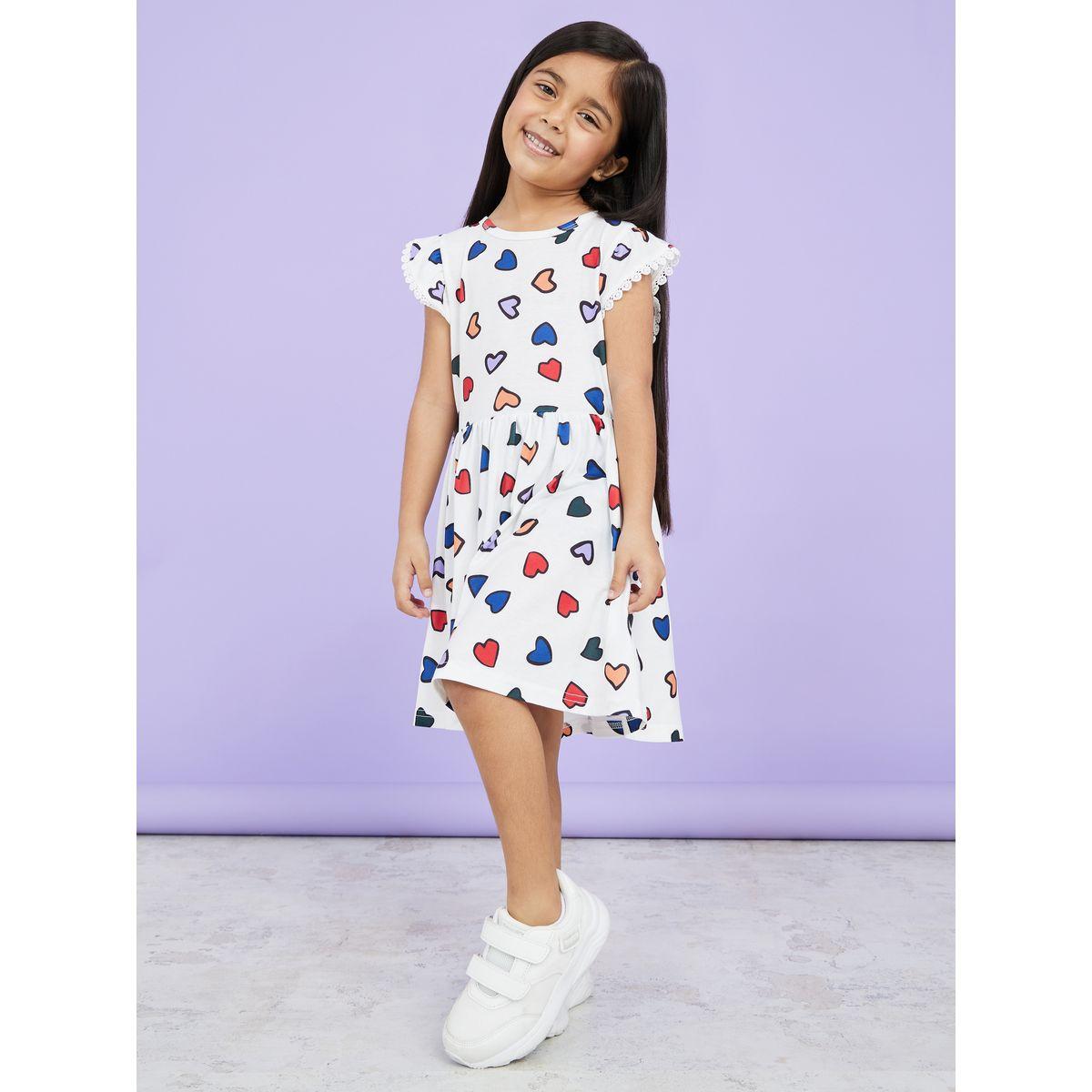 Styli Lace Trim Short Sleeves Heart All Over Print Dress-girls-clothing-dressesandjumpsuits-image-2
