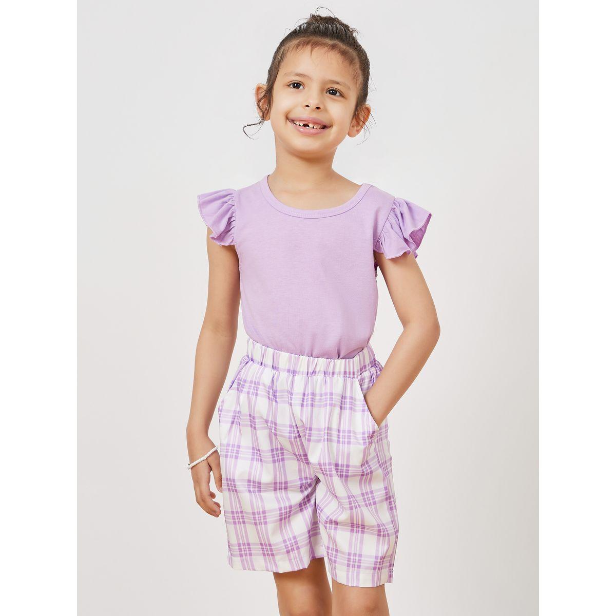 Styli Ruffle Sleeve Solid Top & Checked Shorts Set-girls-clothing-setsandcoords-image-1