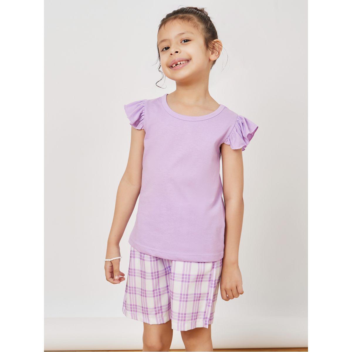 Styli Ruffle Sleeve Solid Top & Checked Shorts Set-girls-clothing-setsandcoords-image-3