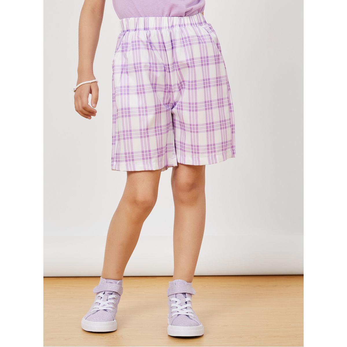 Styli Ruffle Sleeve Solid Top & Checked Shorts Set-girls-clothing-setsandcoords-image-7