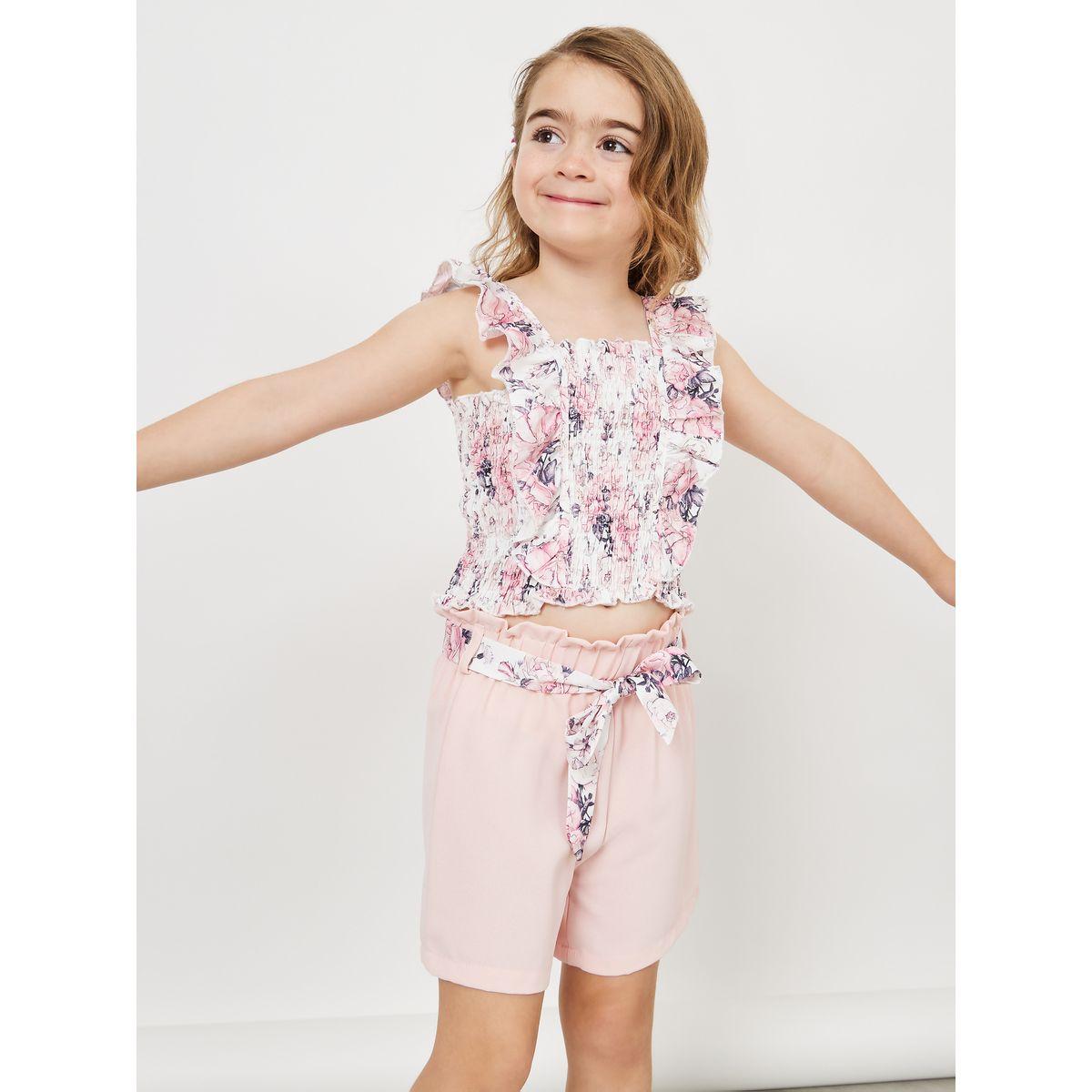 Styli Floral Ruffle Smocked Detail Top and Self Belted Shorts Set-girls-clothing-setsandcoords-image-1