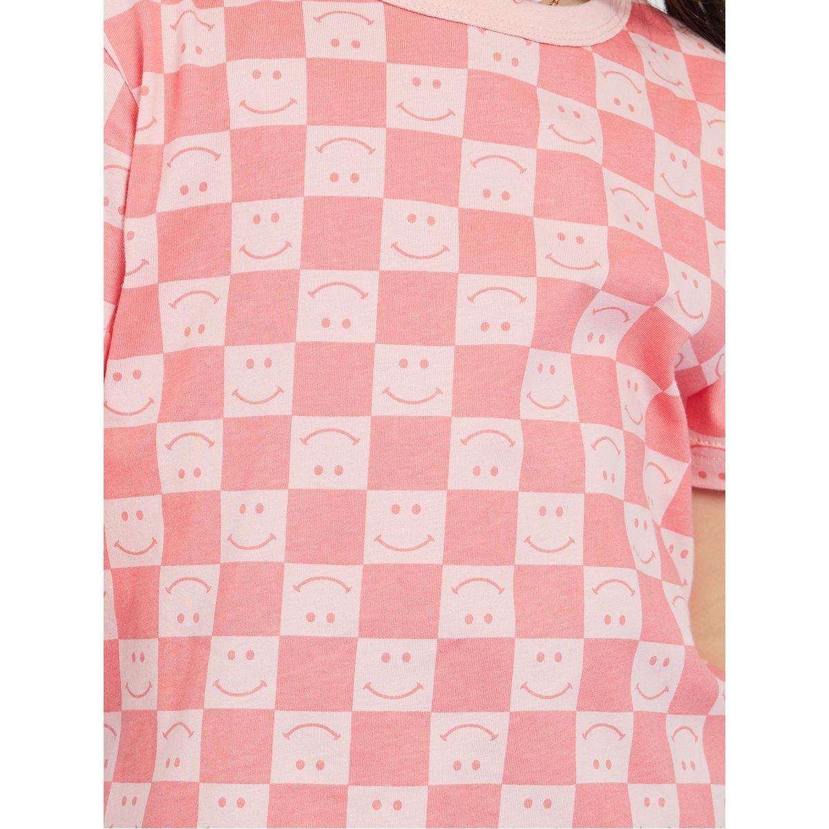 Styli Checked Smile Print Short Sleeve T-Shirt-girls-clothing-tshirts-image-3