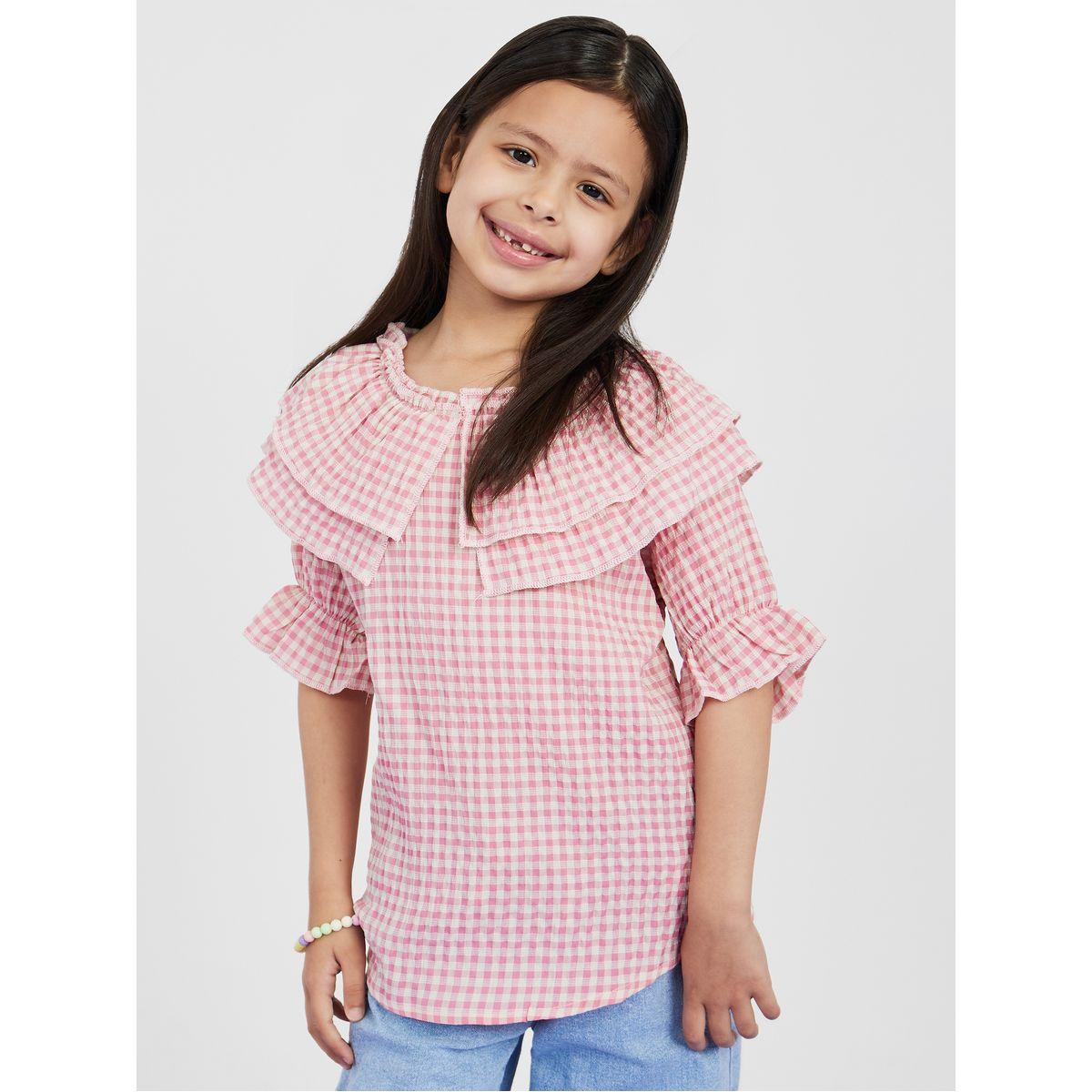 Styli Ruffle Trim Gingham Check Blouse-girls-clothing-blousesandshirts-image-1