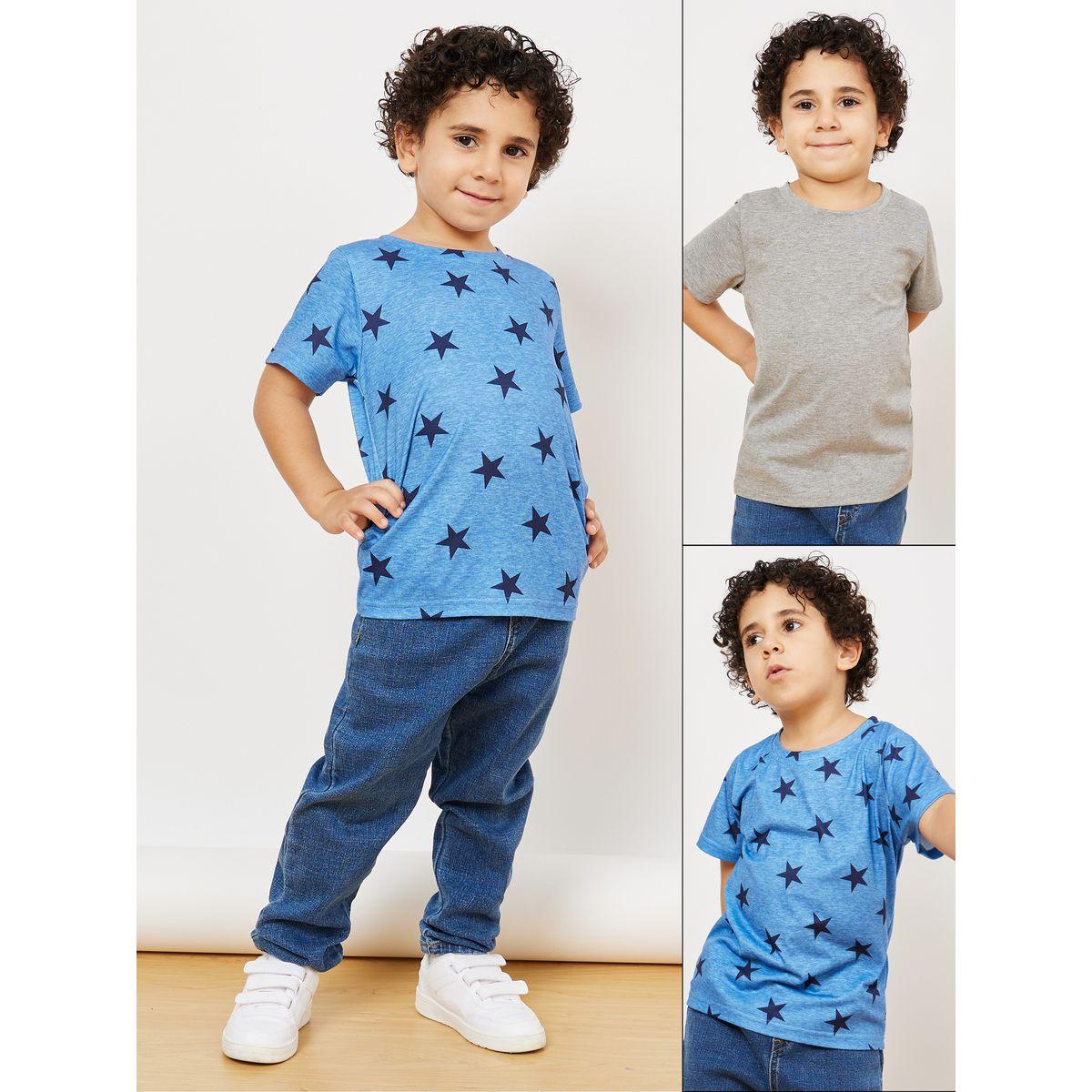 Styli Pack of 2 - Solid and Star Print T-shirt-boys-clothing-tshirtsandpolos-image-1