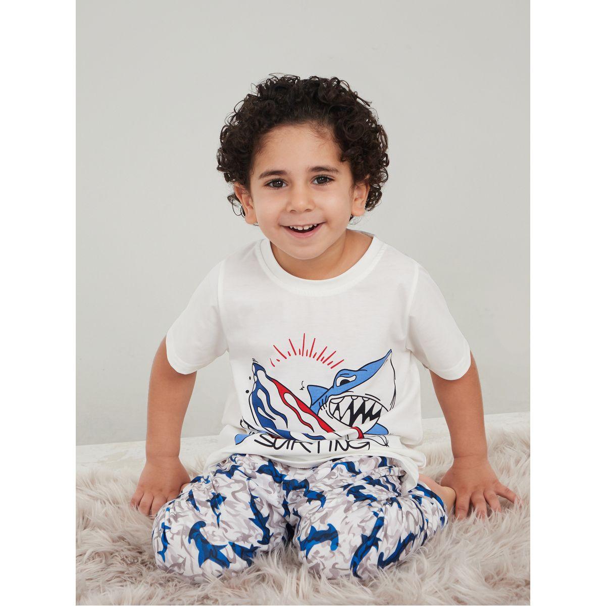 Styli Shark Graphic Print T-Shirt & Pyjama Set-boys-clothing-nightwear-image-1