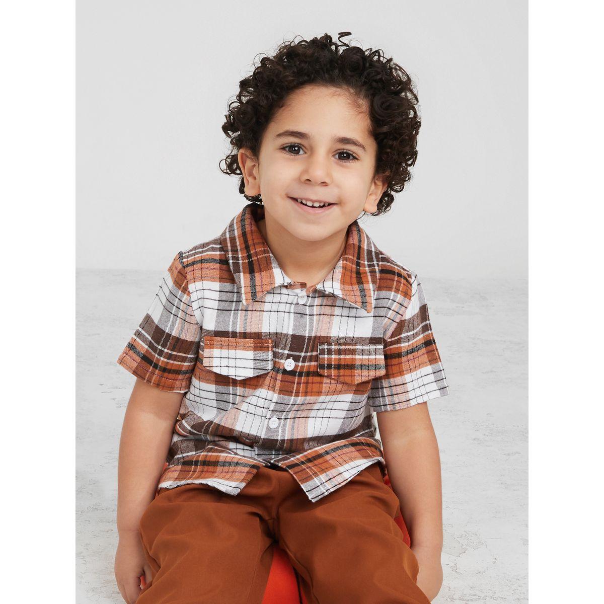Styli Checked Plaid Buttoned Shirt & Solid Pants Set-boys-clothing-setsandcoords-image-3
