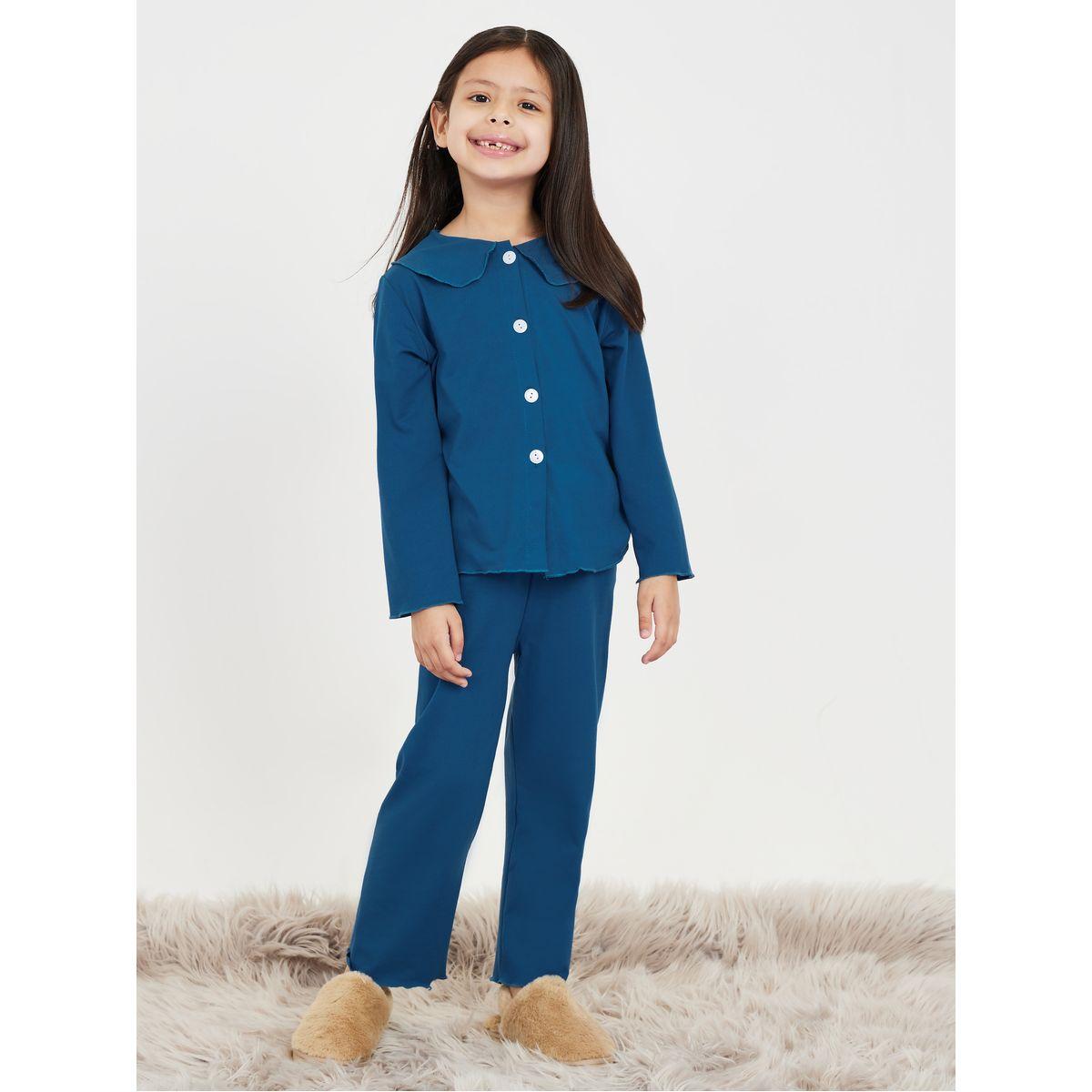 Styli Button Front Collared Shirt & Pyjama Set-girls-clothing-nightwear-image-1