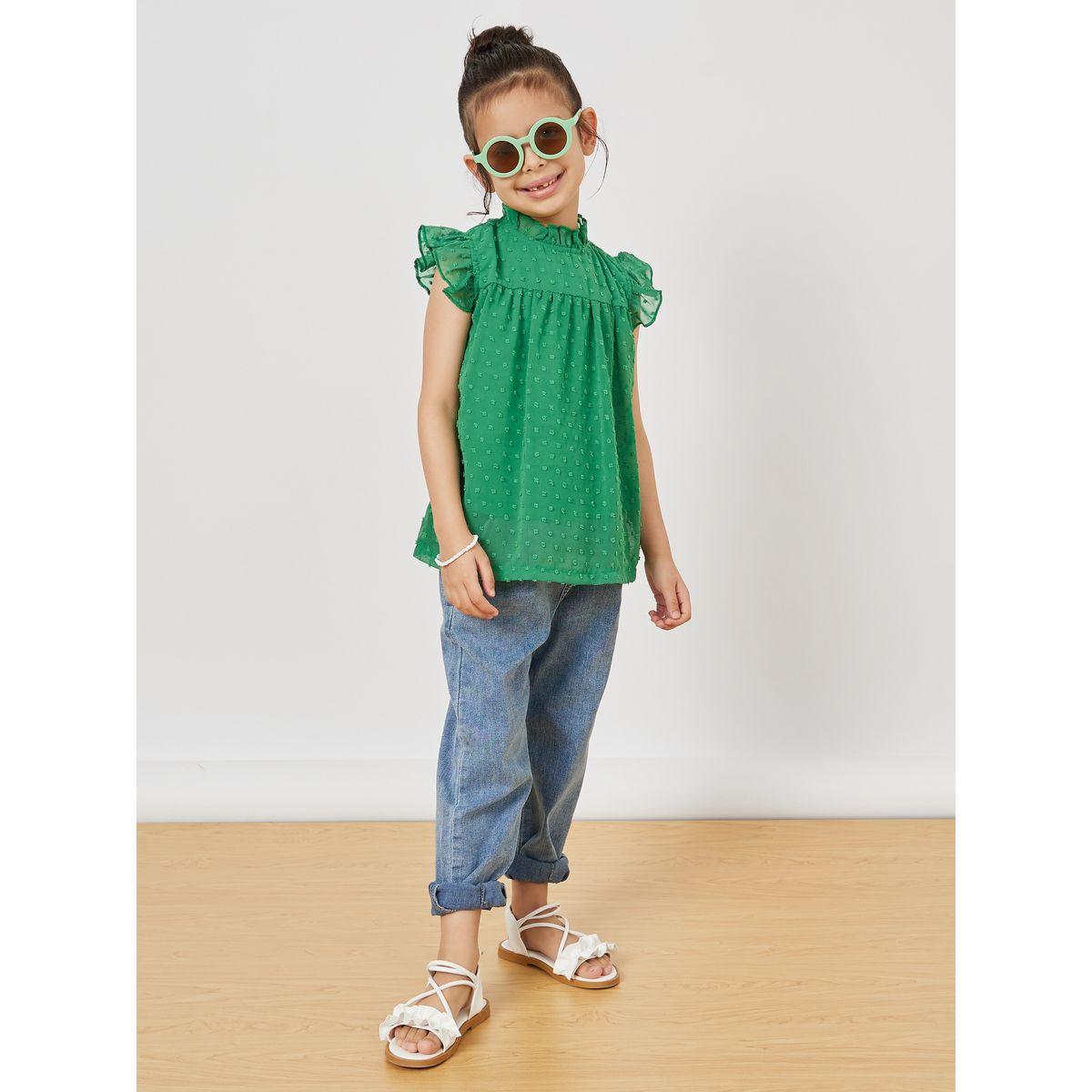 Styli Dobby Ruffle Trim High Neck Blouse-girls-clothing-blousesandshirts-image-2