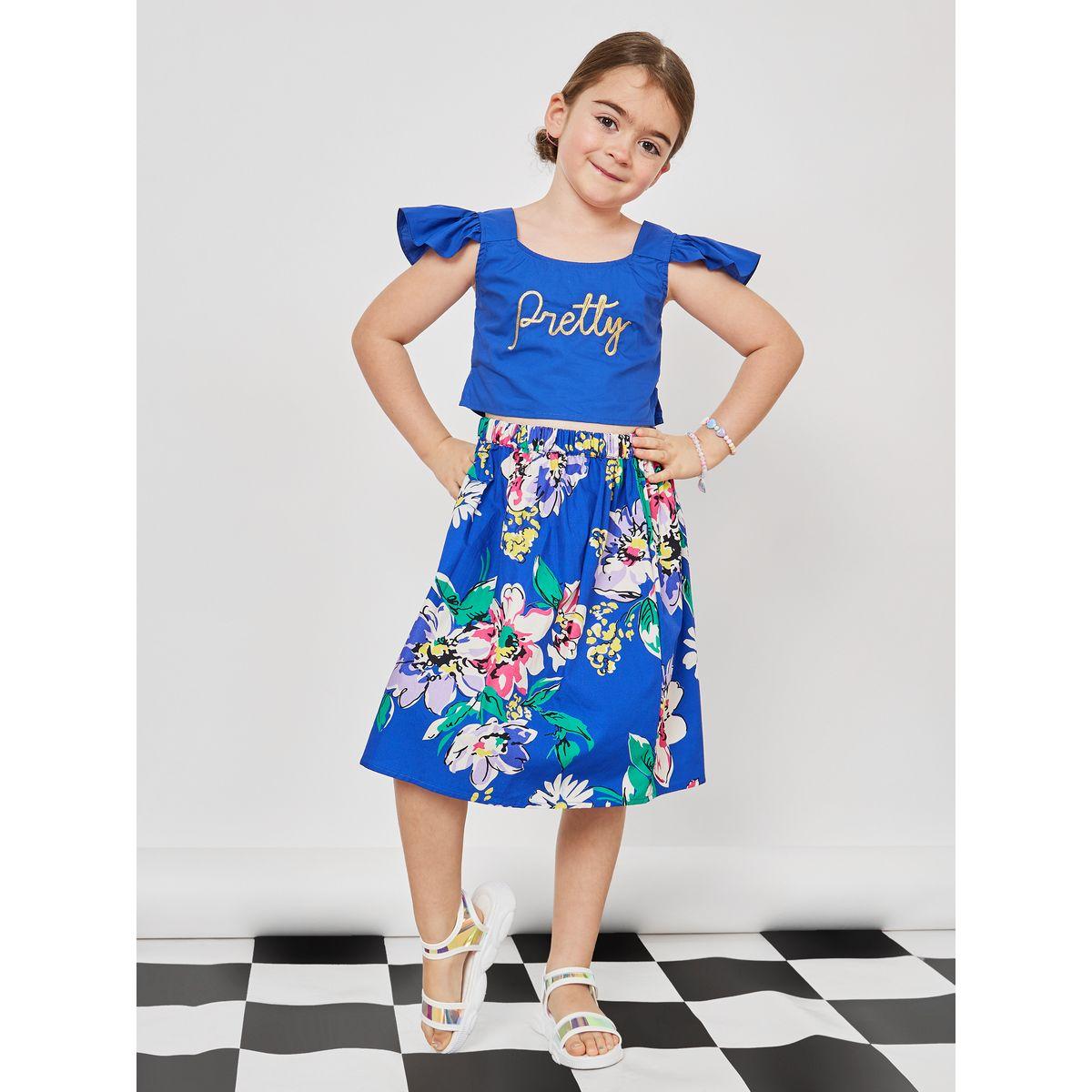 AIKO Frill Sleeve Embroidered Detail Blouse & Floral Skirt Set-girls-clothing-setsandcoords-image-1