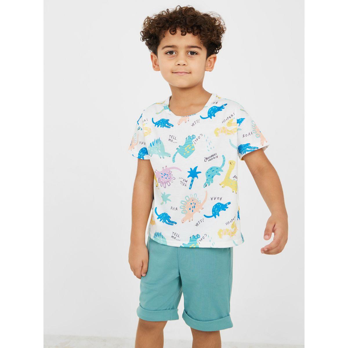Styli Dinosaur All Over Print T-shirt & Solid Roll Hem Shorts-boys-clothing-setsandcoords-image-2