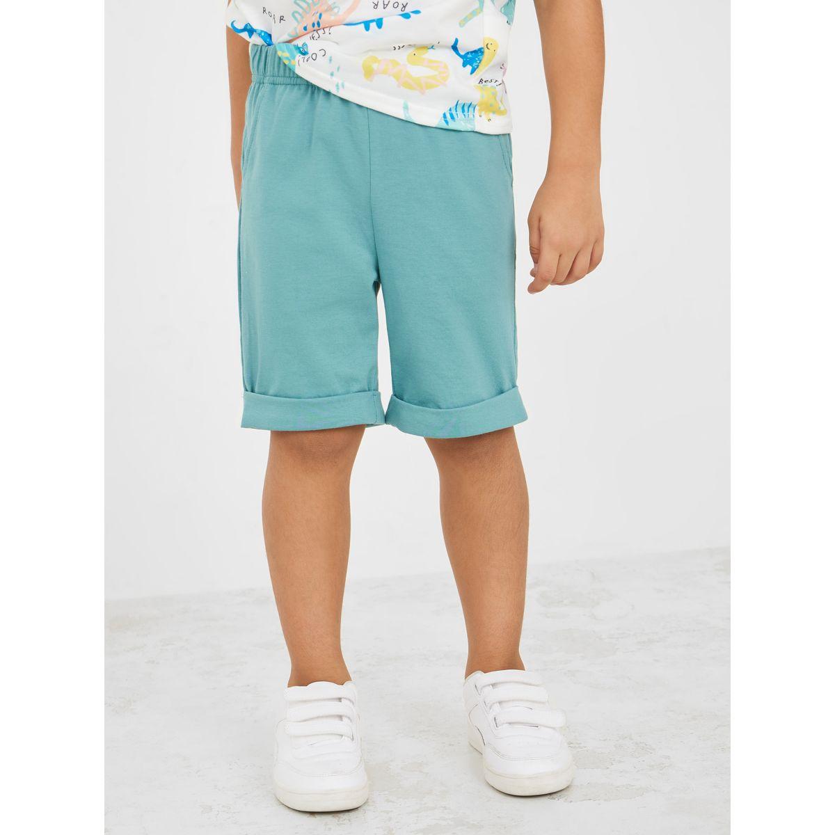 Styli Dinosaur All Over Print T-shirt & Solid Roll Hem Shorts-boys-clothing-setsandcoords-image-5