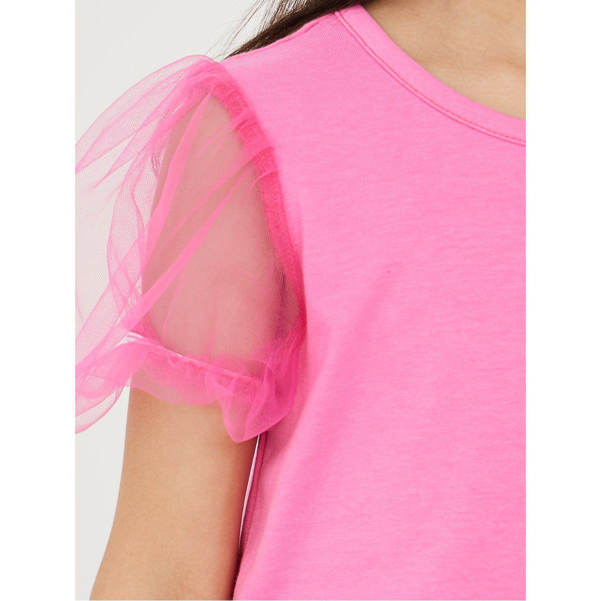Styli Mesh Puff Sleeve Regular Fit T-Shirt-girls-clothing-tshirts-image-3