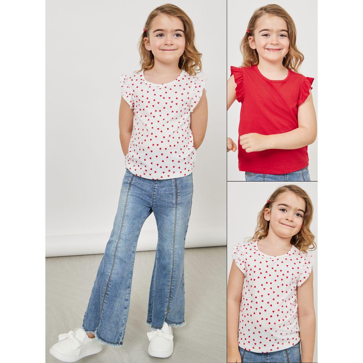 Styli Pack of 2 - Heart Print Ruffle Sleeve T-Shirt-girls-clothing-blousesandshirts-image-1