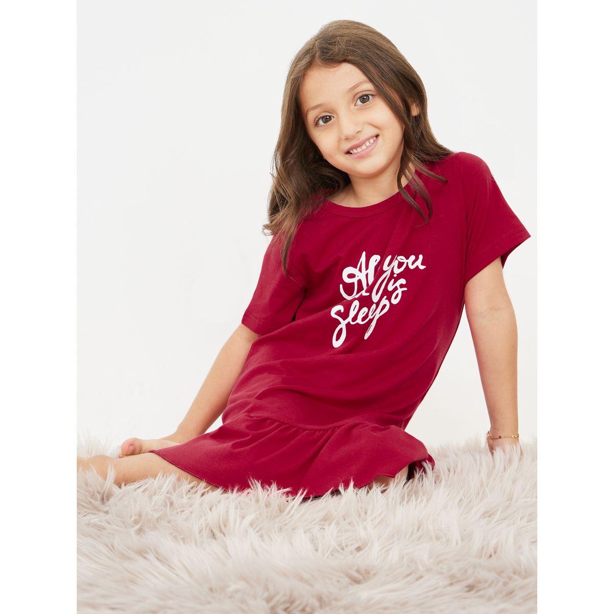Styli Slogan Print Ruffle Hem Sleep Dress-girls-clothing-nightwear-image-1