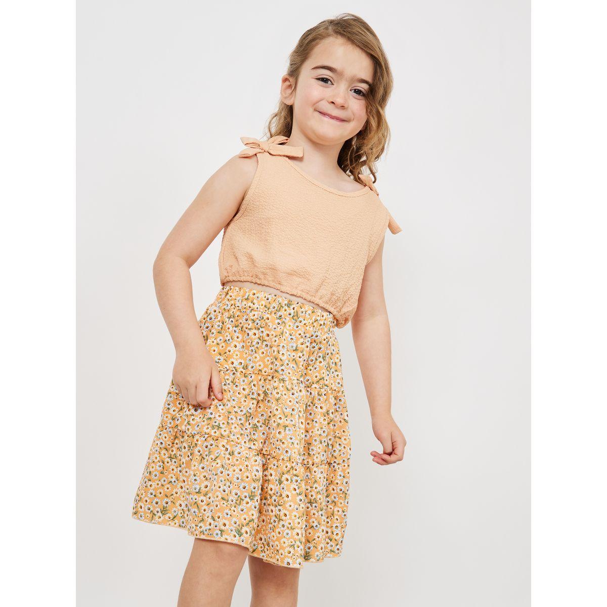 Styli Solid Top & Ditsy Floral Print Skirt Set-girls-clothing-setsandcoords-image-2
