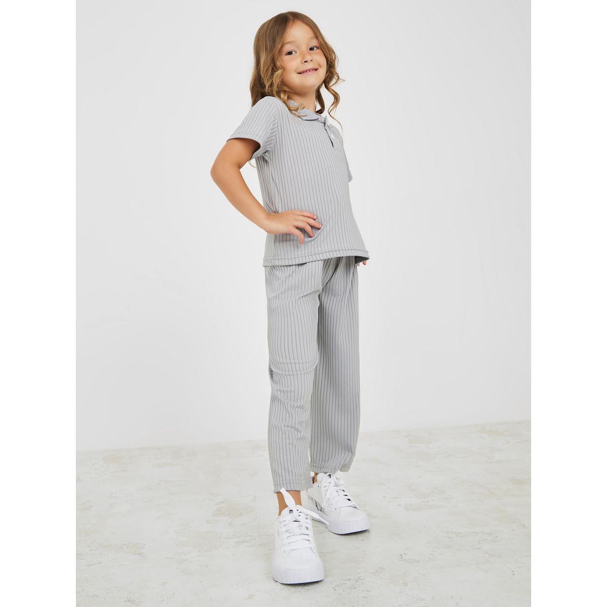 Styli Solid Knit Polo T-Shirt & Pants Set-girls-clothing-setsandcoords-image-1