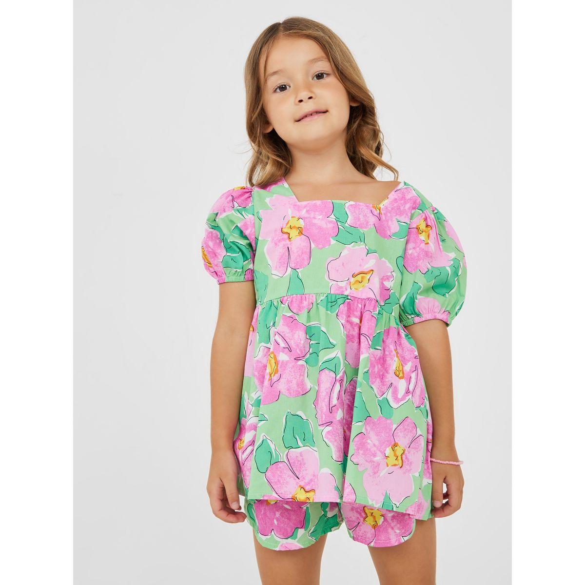 Styli Floral Puff Sleeve Blouse & Shorts Set-girls-clothing-setsandcoords-image-2