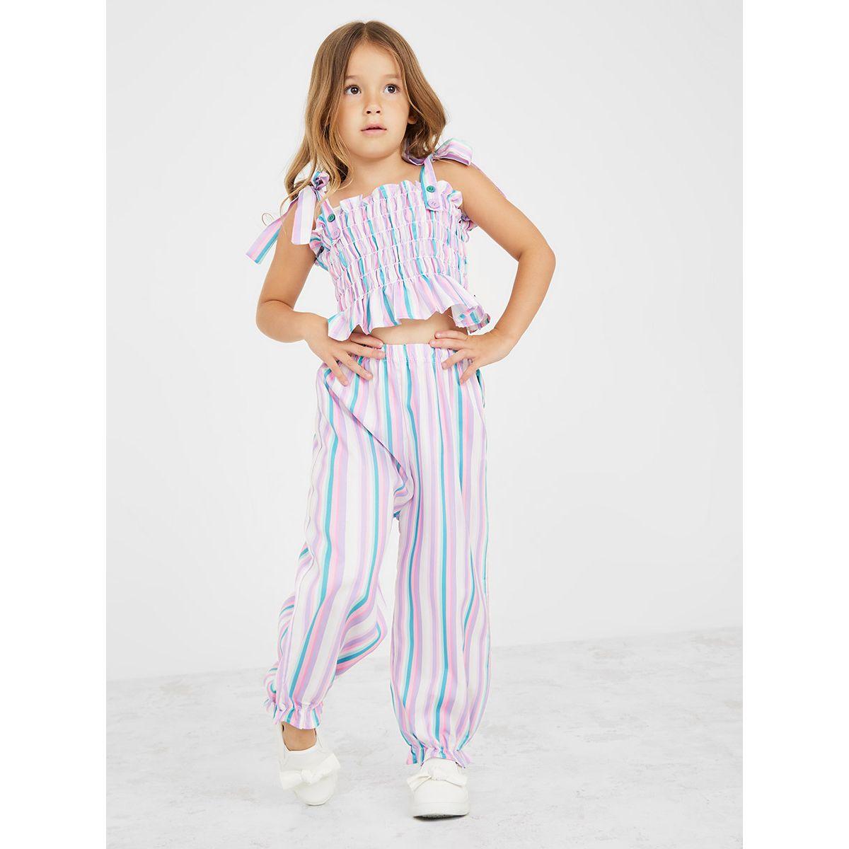 Styli Gathered Stripe Crop Top & Trouser Set-girls-clothing-setsandcoords-image-1