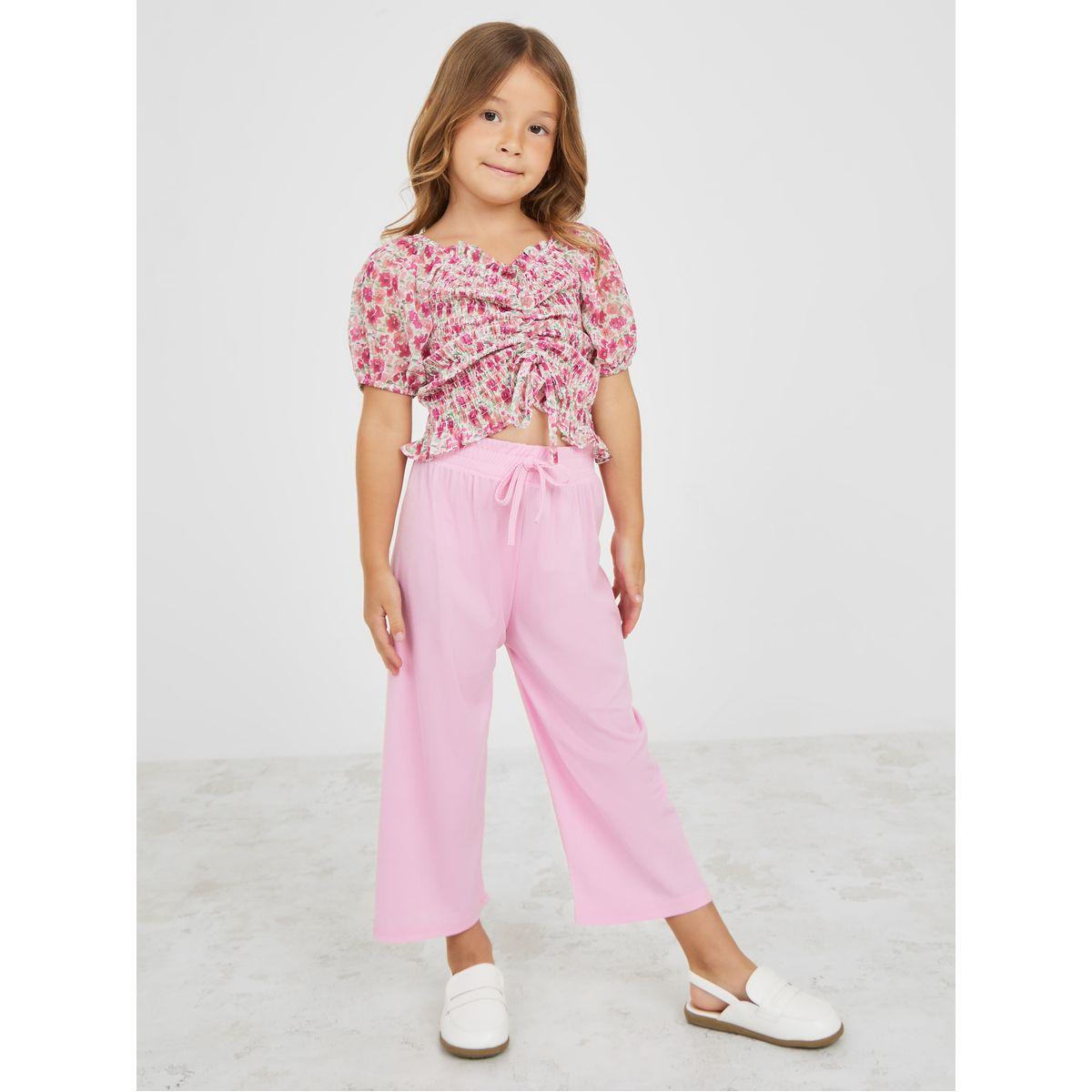 Styli Ruched Detail Floral Blouse & Pants Set-girls-clothing-setsandcoords-image-1