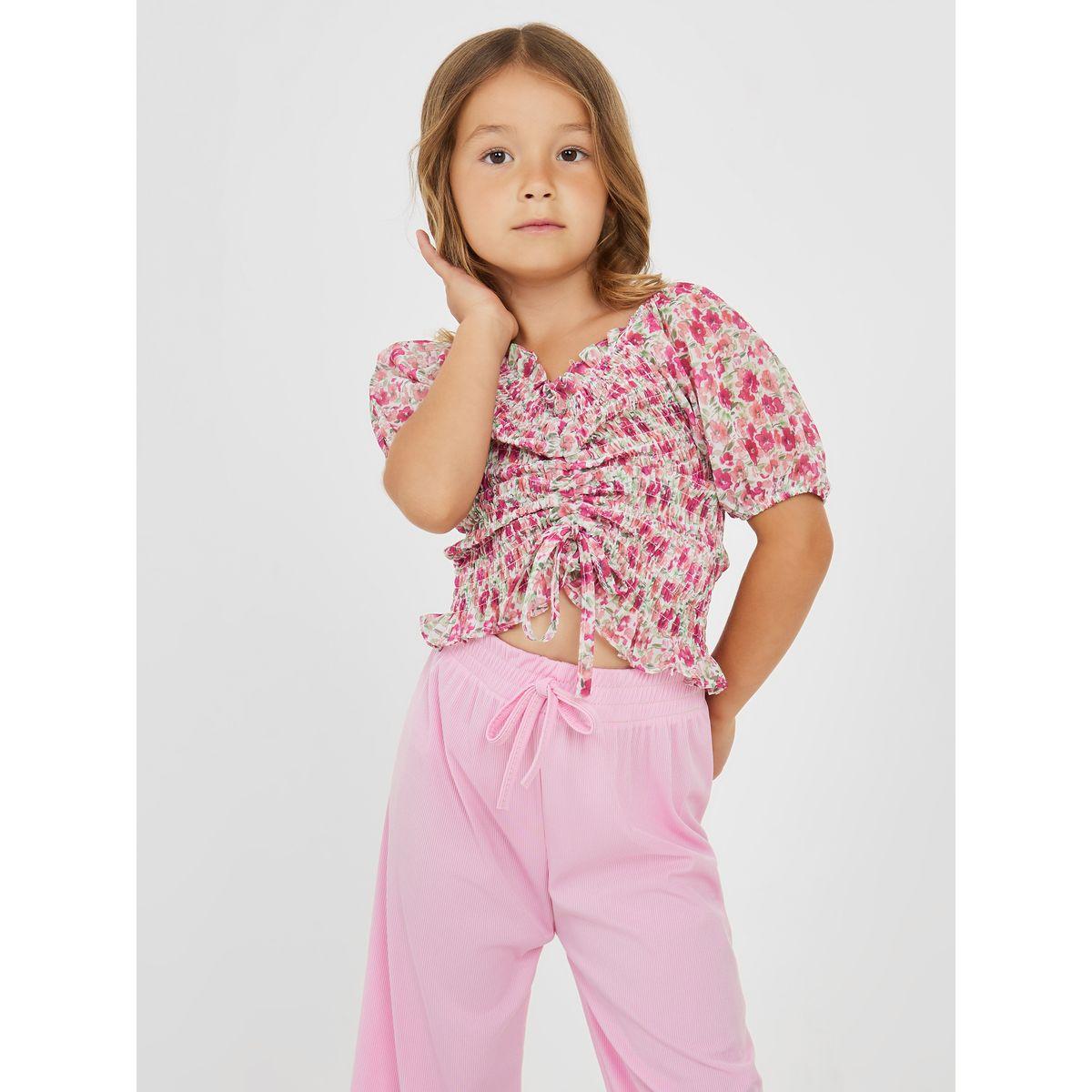 Styli Ruched Detail Floral Blouse & Pants Set-girls-clothing-setsandcoords-image-2