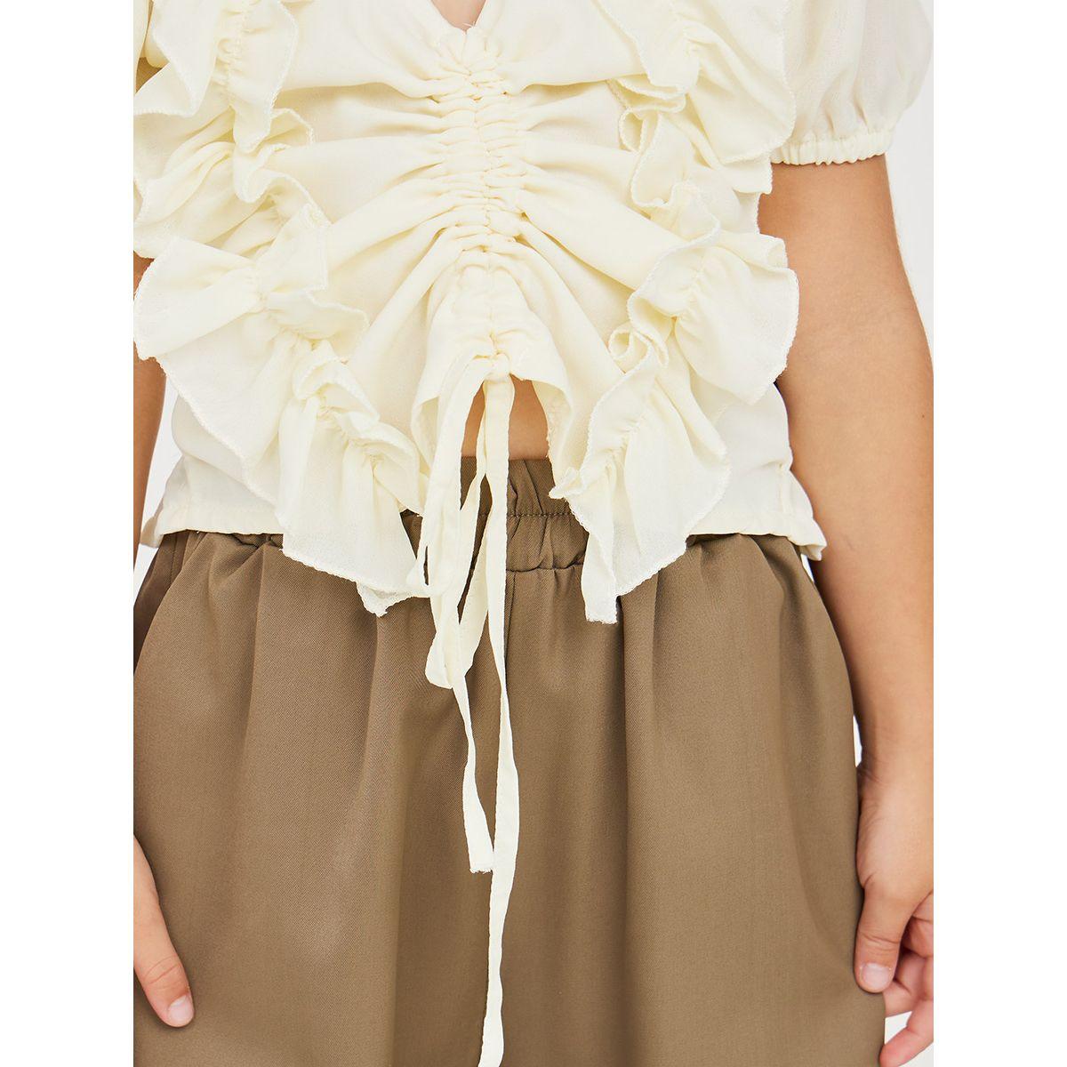 Styli Front Ruched Ruffle Detail Blouse & Capri Set-girls-clothing-setsandcoords-image-3