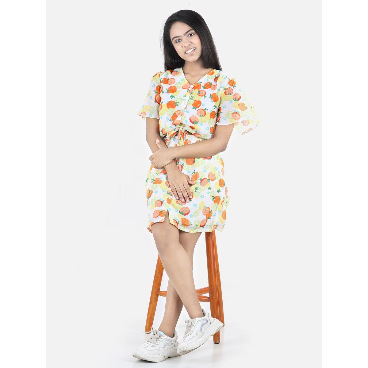 Styli Orange Lemon AOP Blouse and Skirt Set-girls-clothing-setsandcoords-image-1