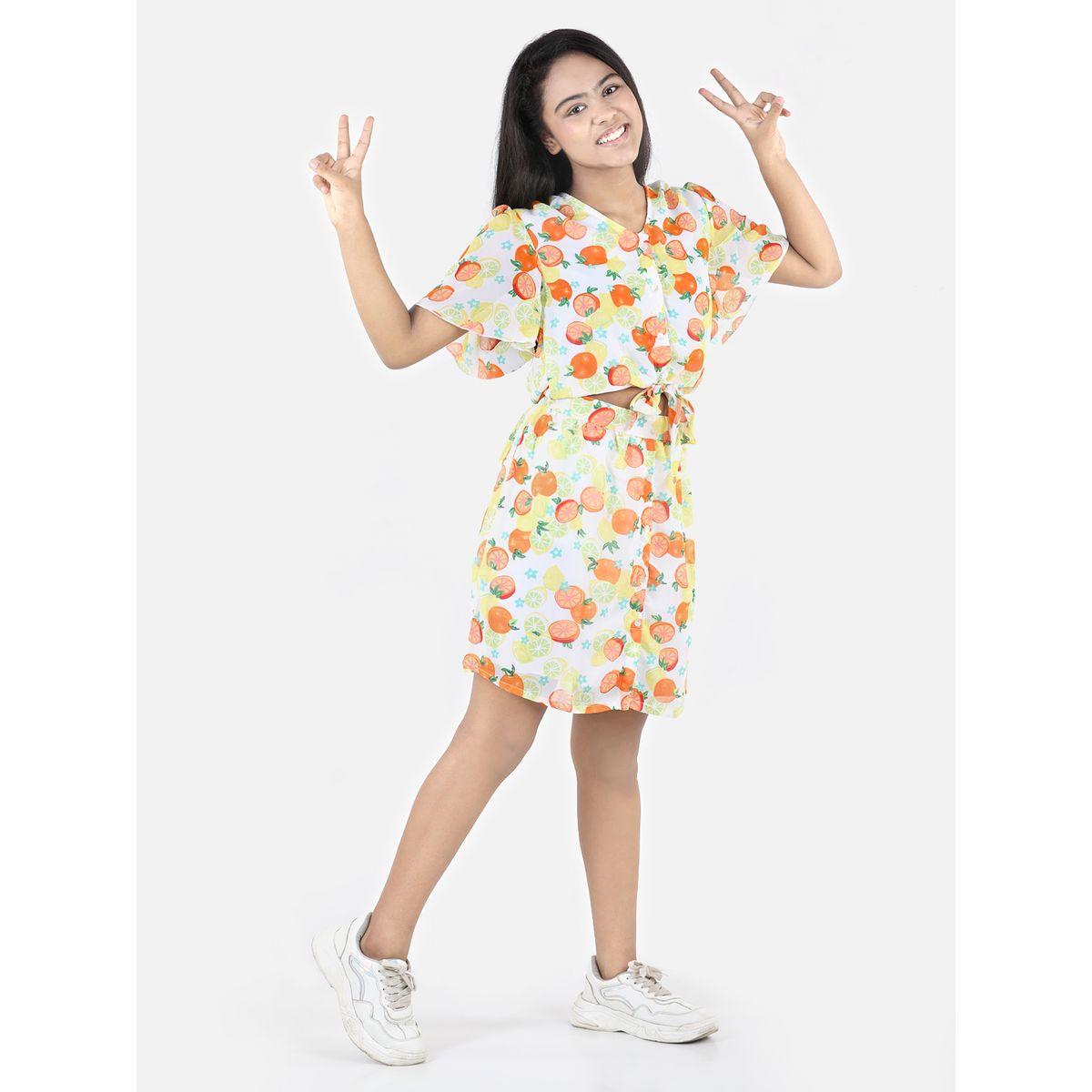 Styli Orange Lemon AOP Blouse and Skirt Set-girls-clothing-setsandcoords-image-3