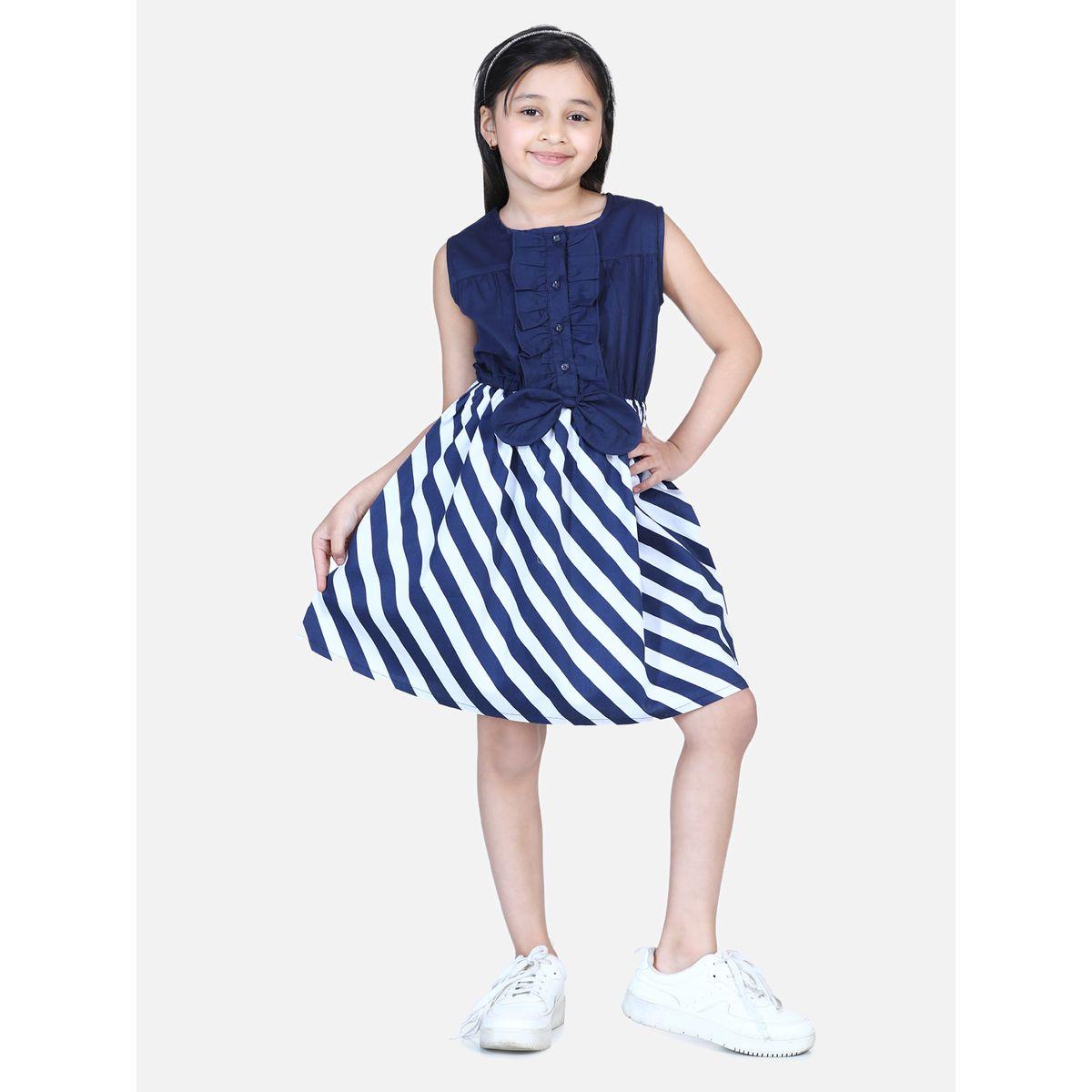 Styli Ruffle Front Bow Detail Striped Skater Dress-girls-clothing-dressesandjumpsuits-image-1