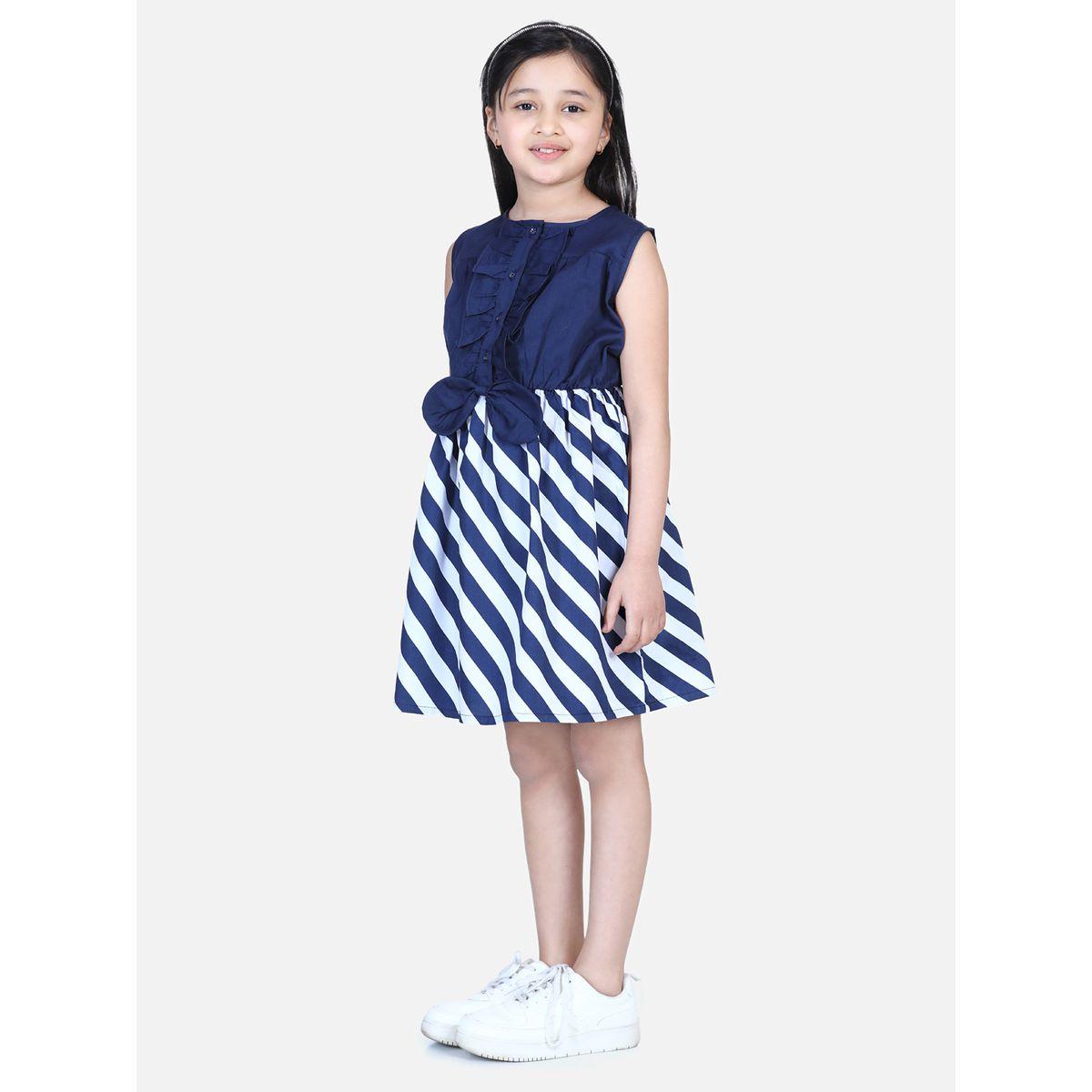 Styli Ruffle Front Bow Detail Striped Skater Dress-girls-clothing-dressesandjumpsuits-image-2