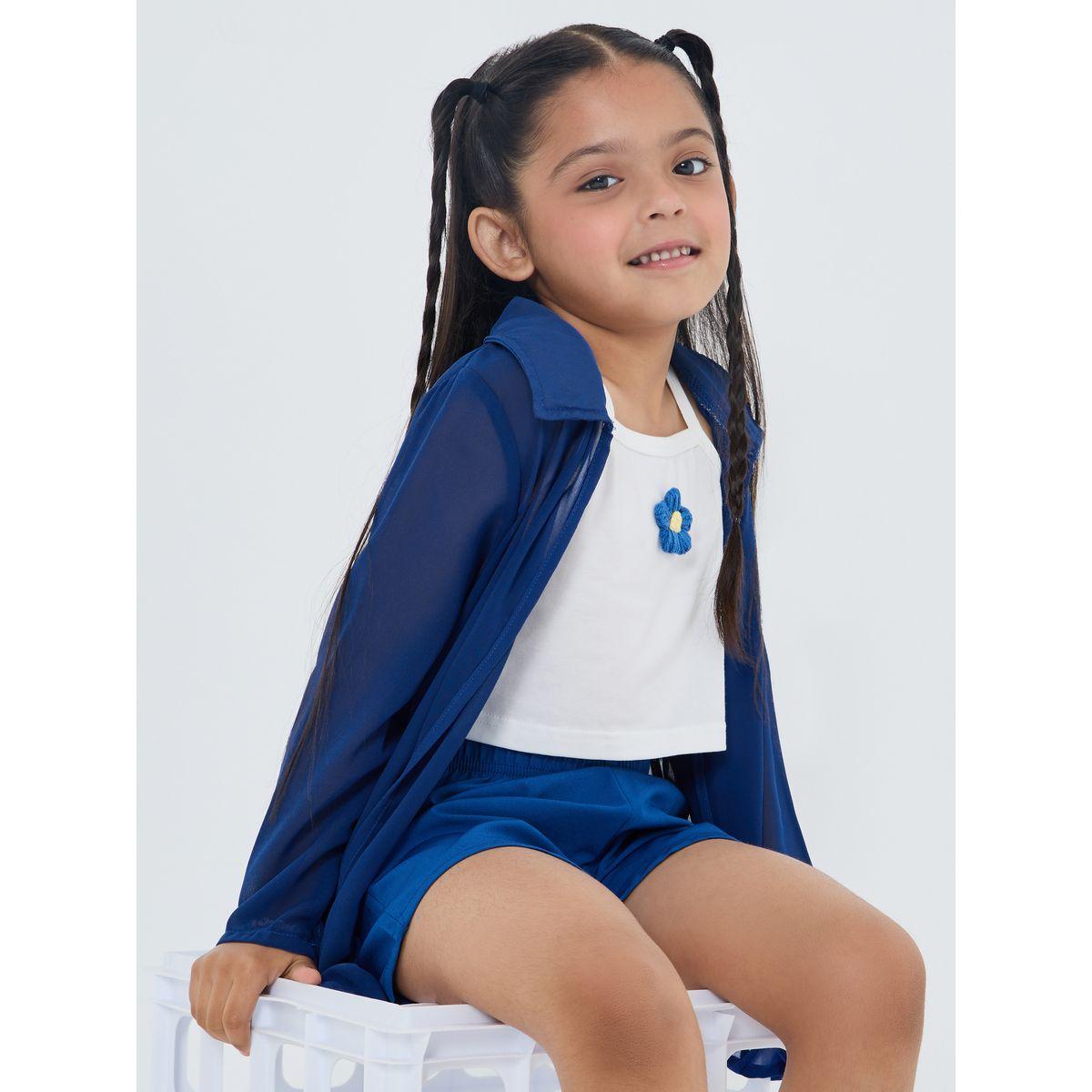 Styli Pack of 3 - Floral Applique Top Short and Longline Sheer Shirt-girls-clothing-setsandcoords-image-1