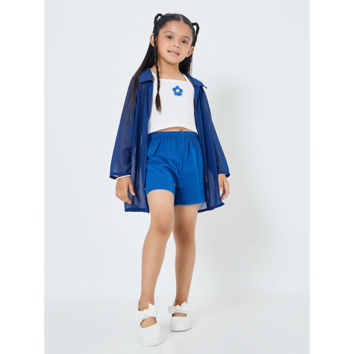 Styli Pack of 3 - Floral Applique Top Short and Longline Sheer Shirt-girls-clothing-setsandcoords-image-2