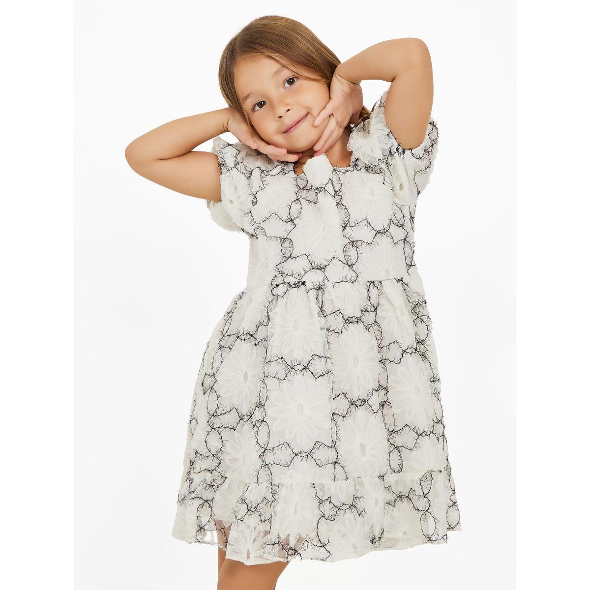 Styli Floral Textured Mesh Insert Puff Sleeves Dress-girls-clothing-dressesandjumpsuits-image-1