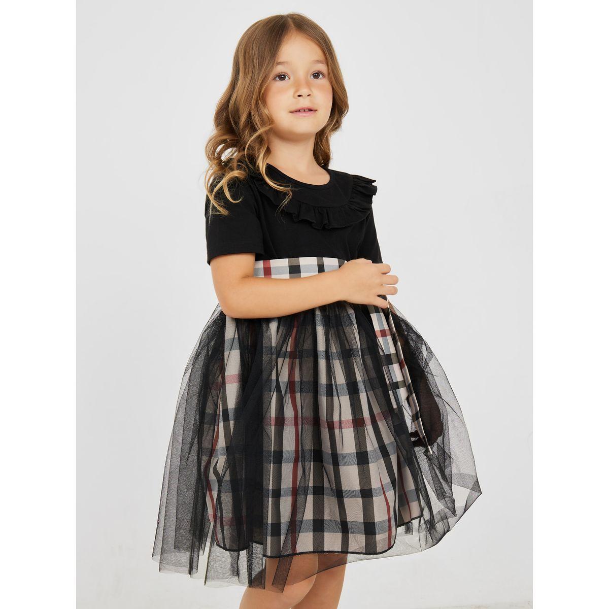 Styli Plaid Ruffle Neck Mesh Detail Dress-girls-clothing-dressesandjumpsuits-image-1