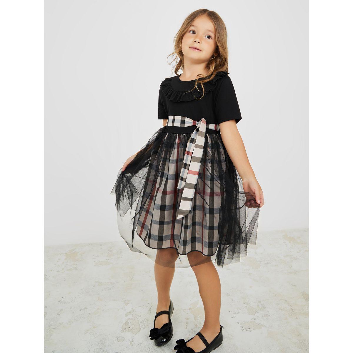 Styli Plaid Ruffle Neck Mesh Detail Dress-girls-clothing-dressesandjumpsuits-image-2