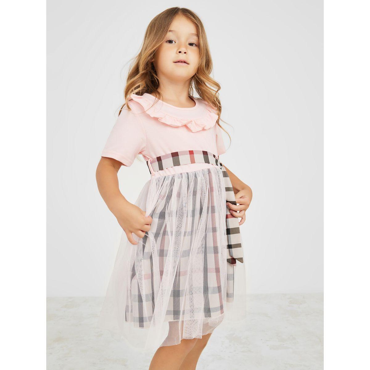 Styli Plaid Ruffle Neck Mesh Detail Dress-girls-clothing-dressesandjumpsuits-image-1