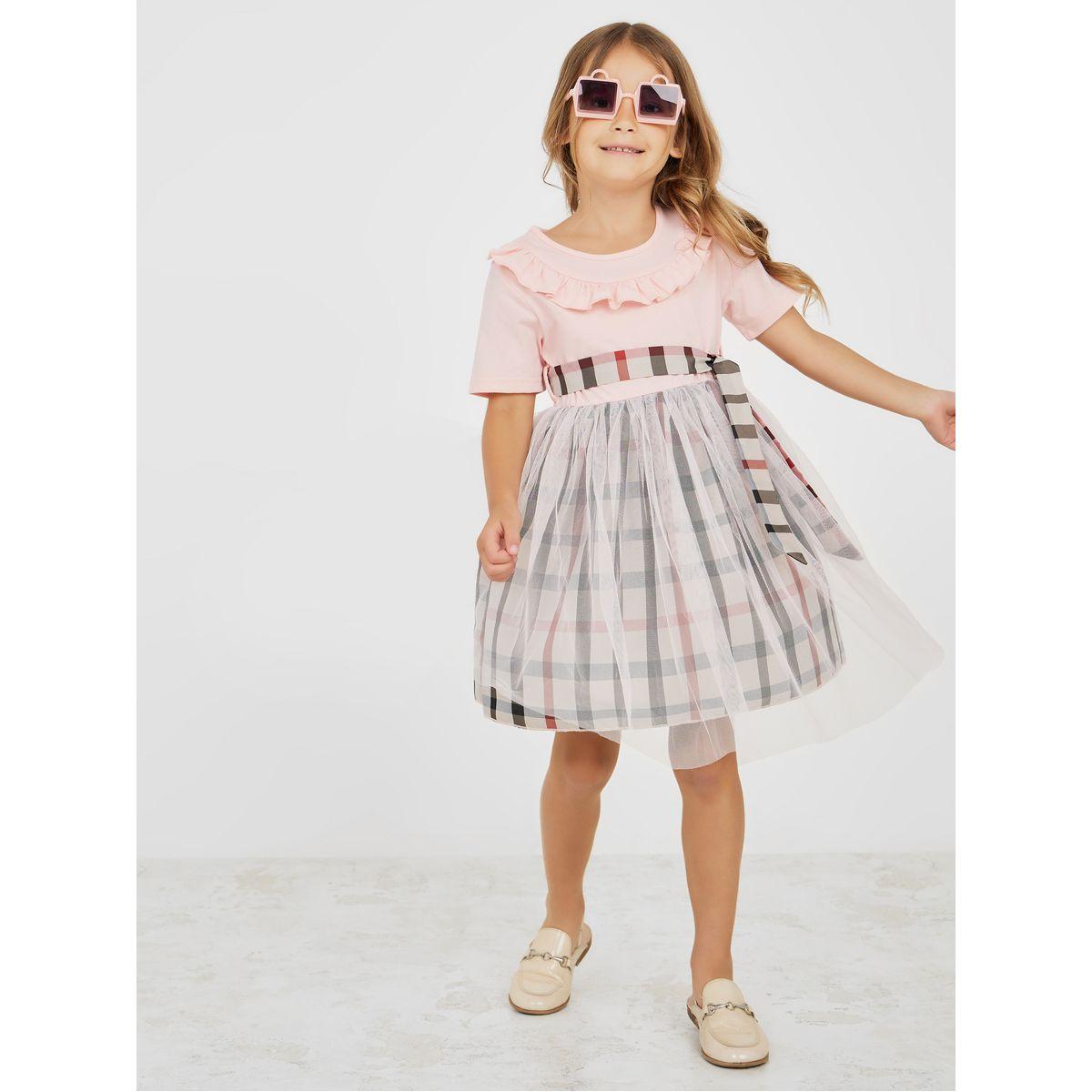 Styli Plaid Ruffle Neck Mesh Detail Dress-girls-clothing-dressesandjumpsuits-image-2
