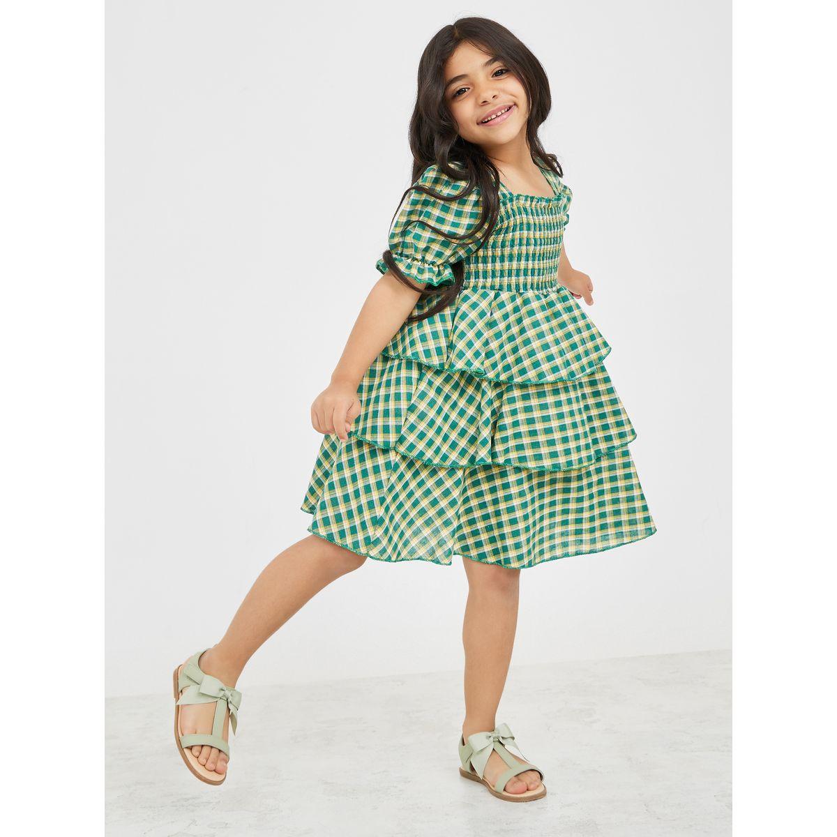 Styli Plaid Puff Sleeves Layered Smocked Detail Dress -girls-clothing-dressesandjumpsuits-image-1